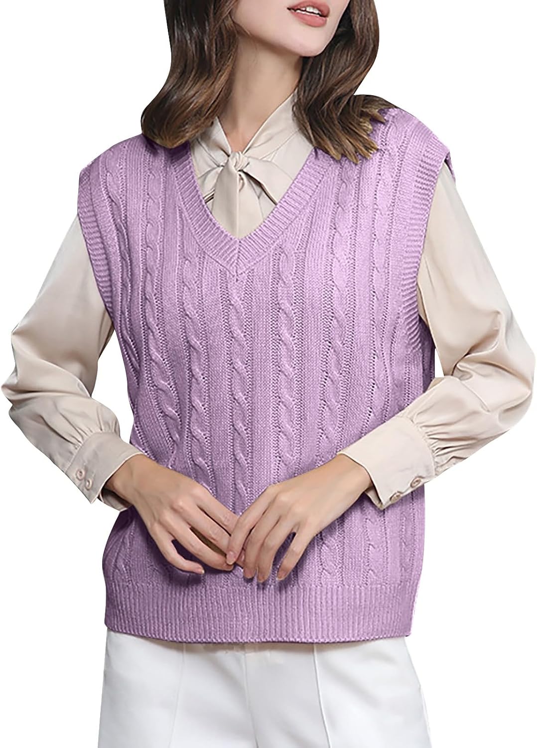 Heevina Sweaters for Women Vest V Neck Solid Color Cable Sleeveless Pullover Sweater Warm Jumpers Casual Fall Winter
