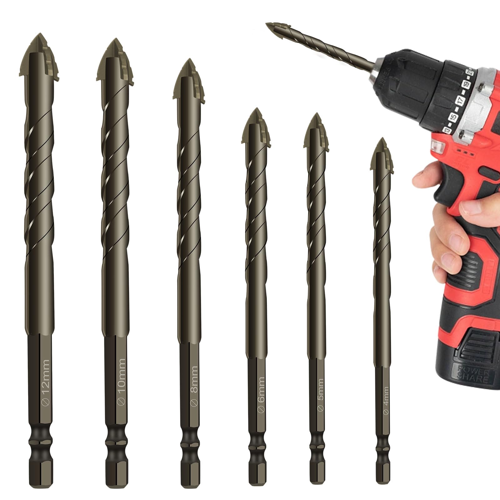 Bcautay Exzenterbohrer Set, 4/5/6/8/10/12 mm Exzenterbohrer Set | 6-Teiliger Vierschneidiger Sägezahn Exzenterbohrer mit 4 Schneiden für Beton, Glas, Keramik, Holz, Metall, Bohren