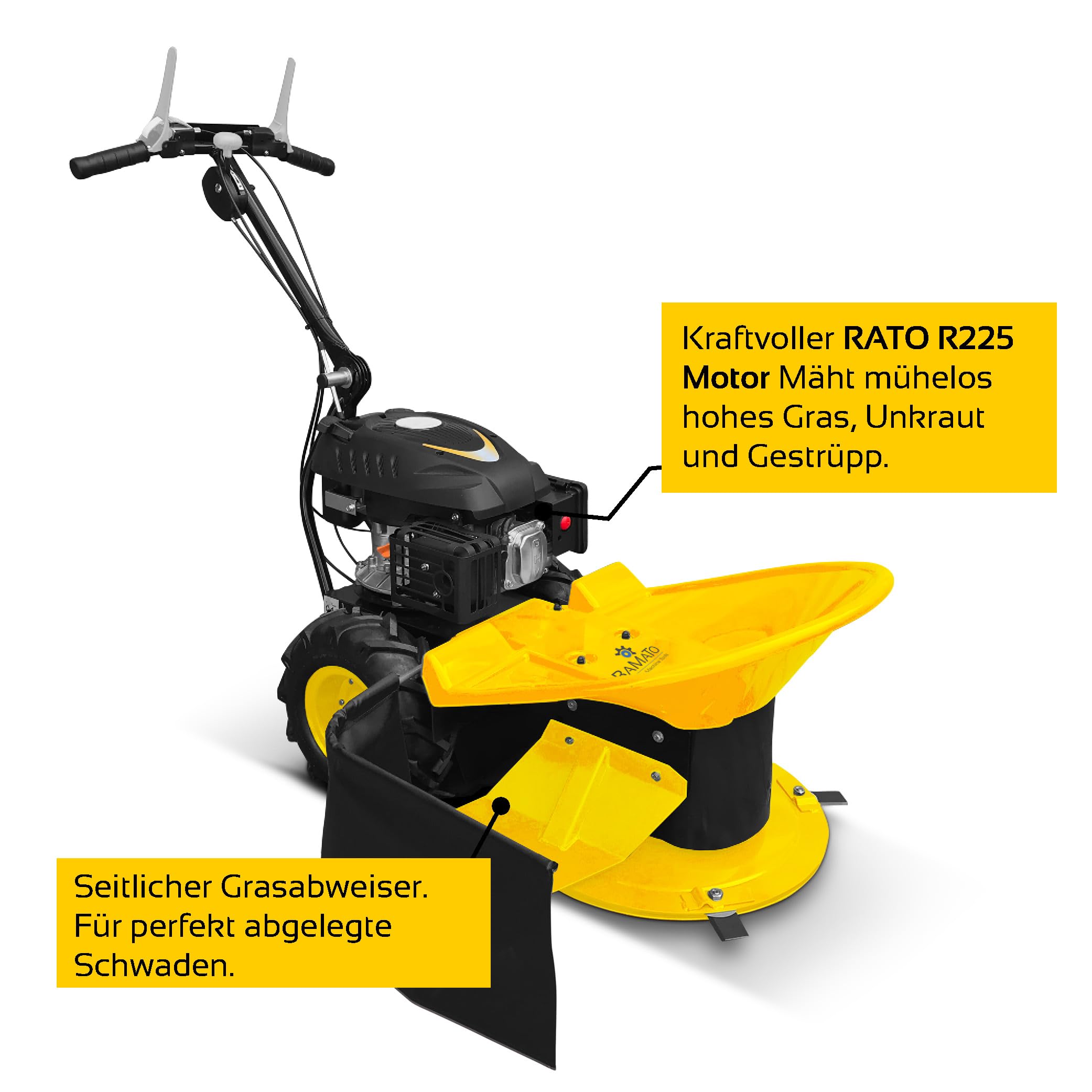 BAMATO Kreiselmäher GS-170 Hochgrasschneider Wiesenmäher 580mm Benzin | Kraftvoller RATO Motor & 580mm Schnittbreite | 4 Klingen | Mit Radantrieb | Ideal für hohes Gras