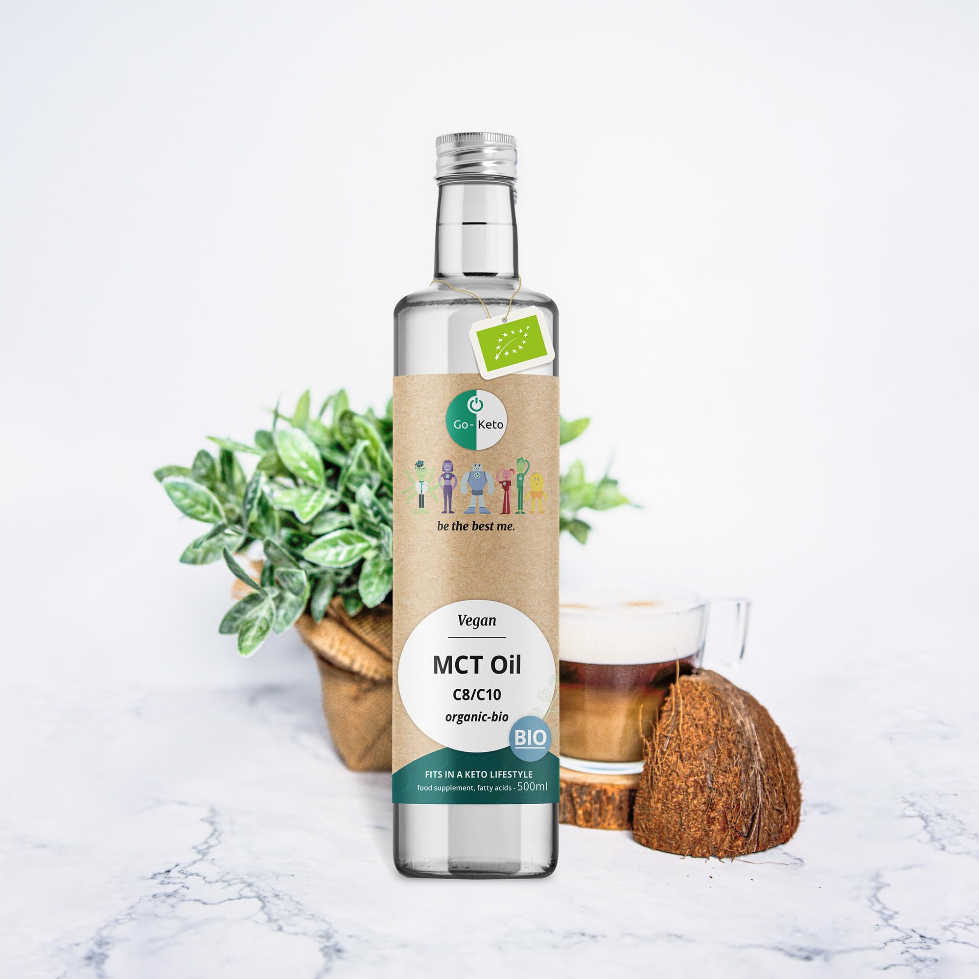 Go-Keto MCT Oil BIO, 500ml - Huile MCT C8/C10 de première qualité à base d'huile de coco BIO, dans bouteille en verre, parfaite pour un régime céto, idéal pour le Bulletproof Coffee, huile TCM