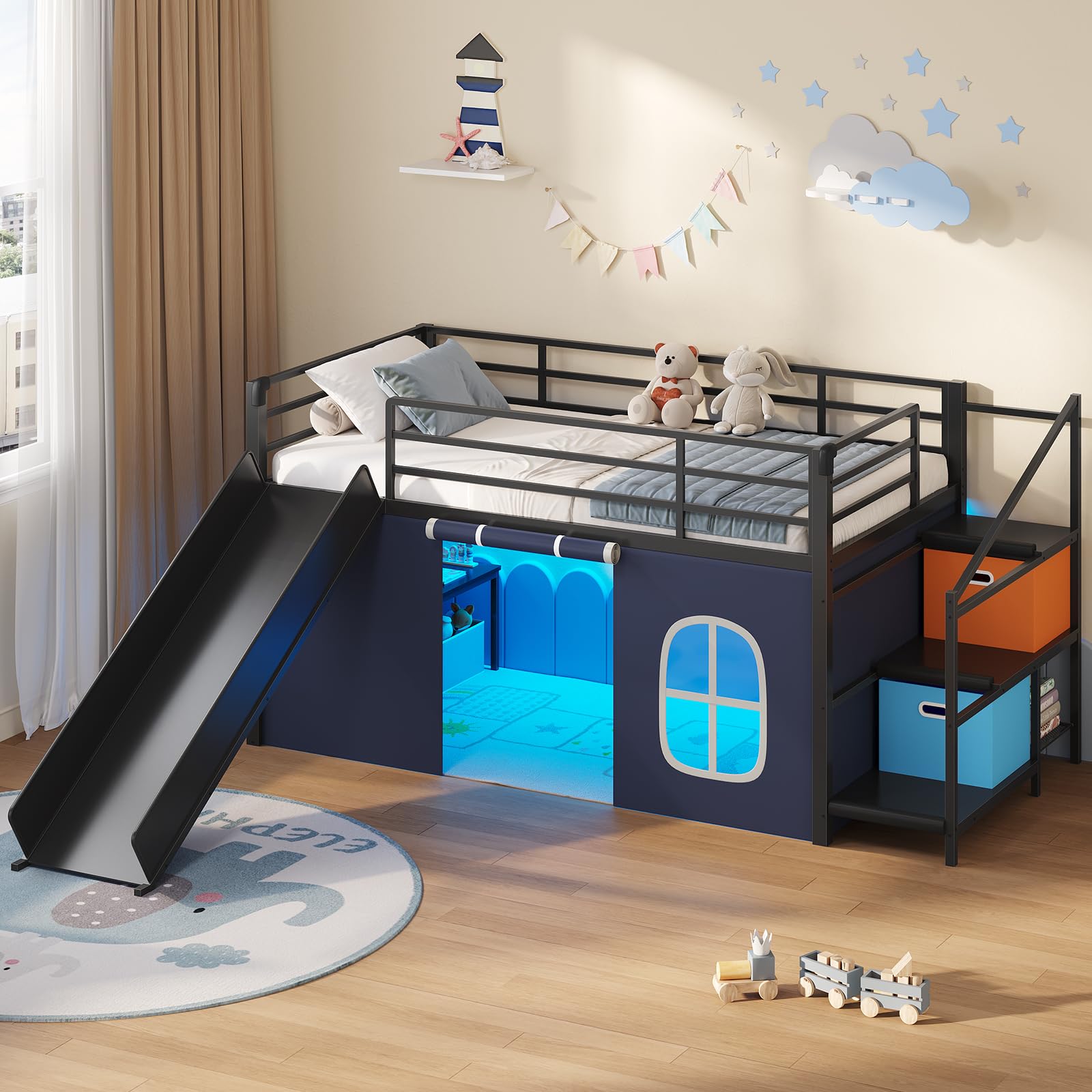 DICTAC Low Loft Bed with Slide in Black