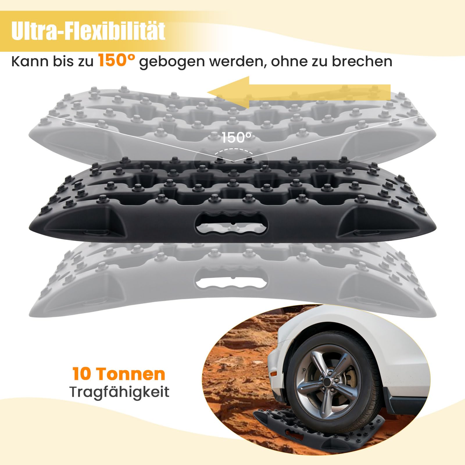 COSTWAY 2 Stücke Anfahrhilfe Sandbleche Offroad, Reifenleiter für Sand/Schlamm/Schnee, 10T, Recovery Board Tracks Mats, Traktionsmatte für Geländewagen Wohnmobil PKW LKW (Schwarz, 58 x 31 x 6 cm)