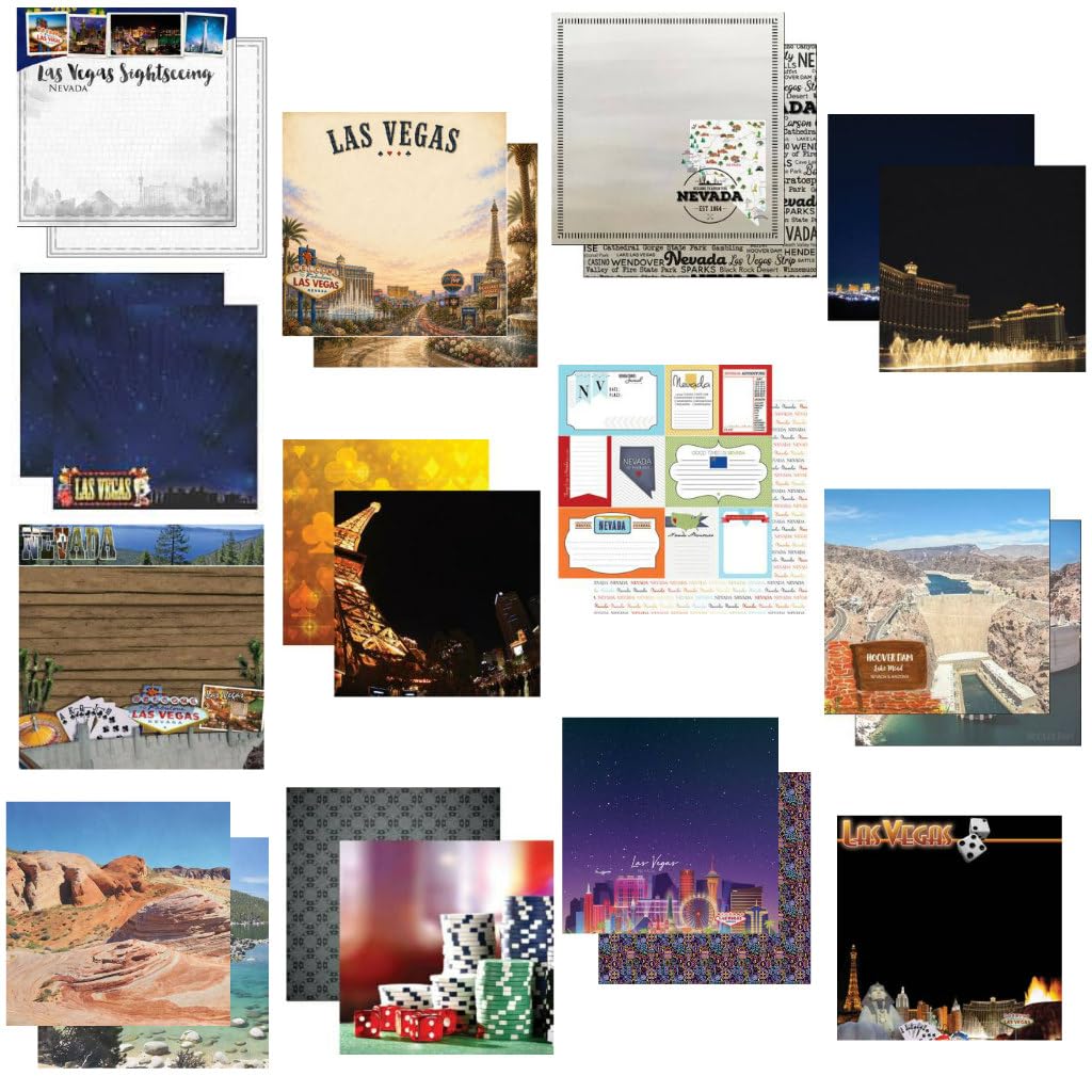 Custom Bundle - 13 Nevada Las Vegas Travel Vacation Themed 12" x 12" Scrapbook Papers - Various Brands