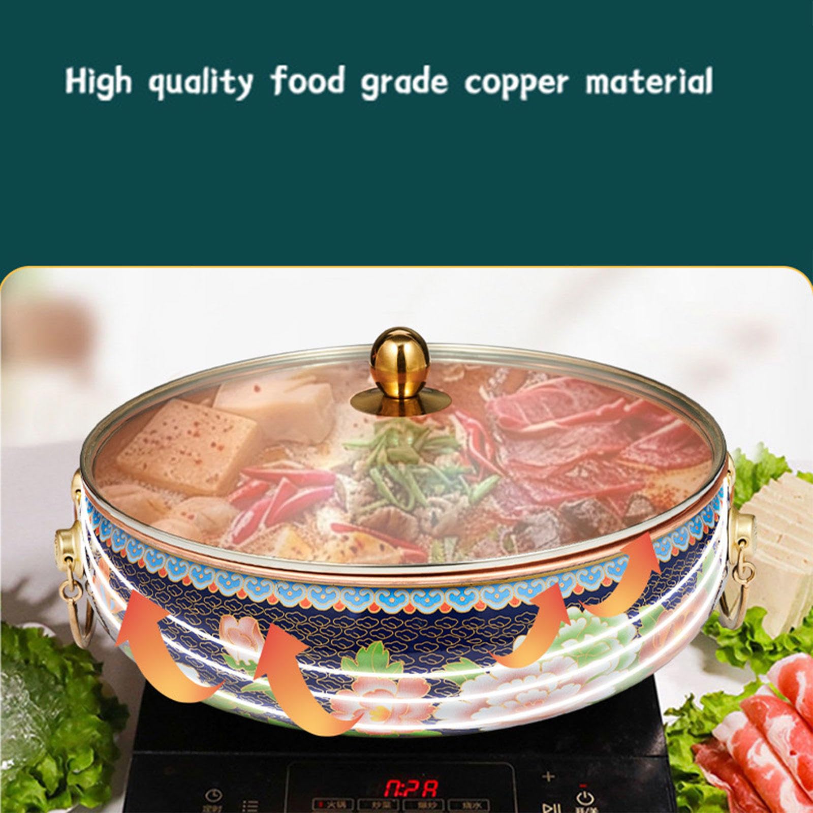 UNYQBFKM Cloisonne Copper Hot Pot Flat Bottom Household Enamel Old Beijing Copper Hot Pot Chinese Hot Pot for Family Dinners Restaurants Cooker,A-32cm