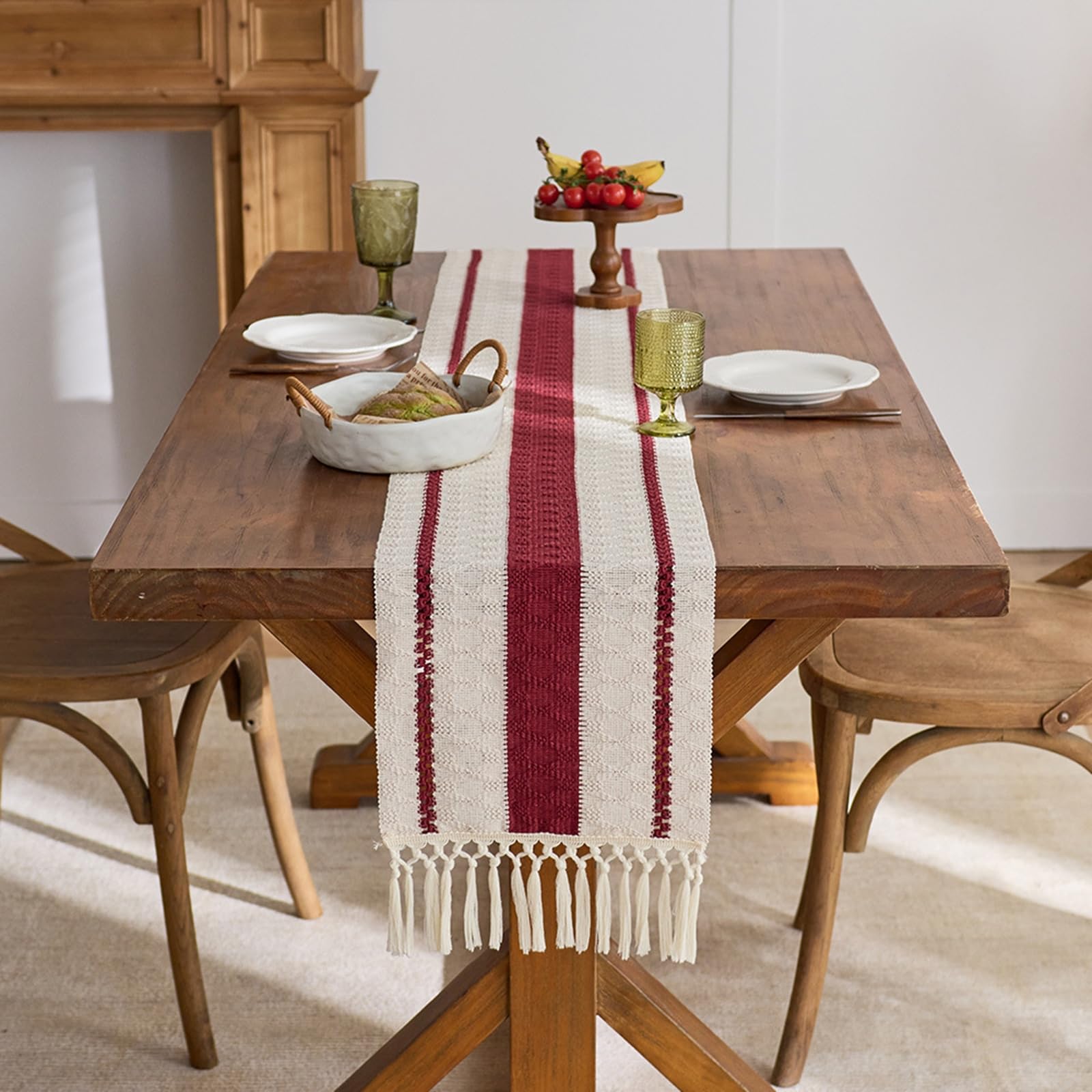 Rot Beige Tischläufer Baumwolle, Makramee Boho Tischläufer Esstisch Abwaschbar Hohl Gewebter Geometrisch Oval Muster mit Quasten Tischdecke für Esszimmer Dekor, 30x260 cm, Rot Beige