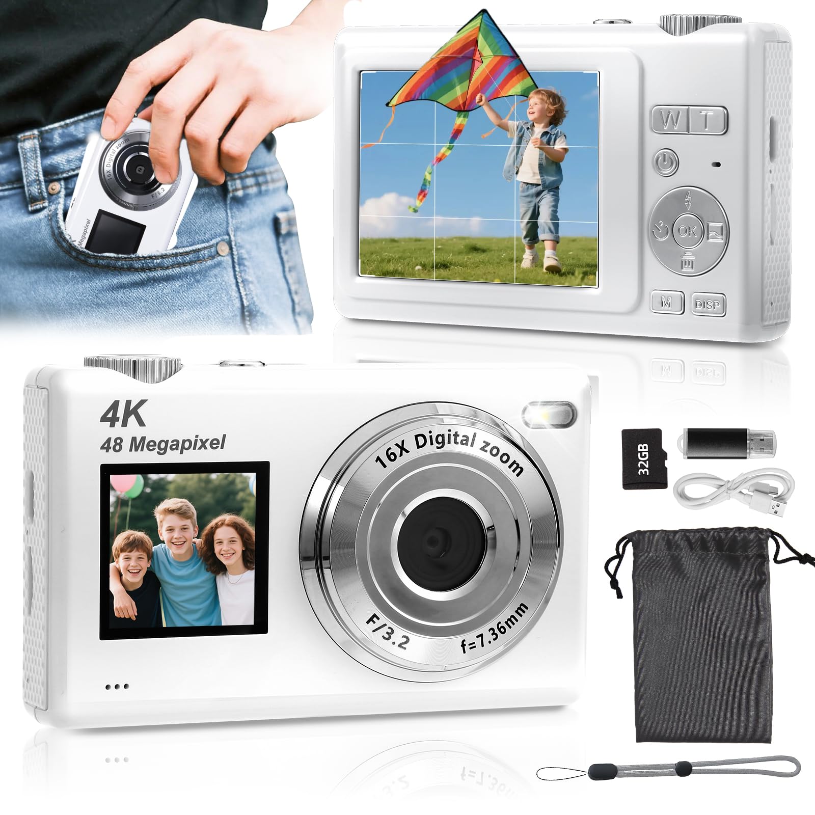 ARNSSIEN Cámara Digital con Doble Pantalla, Autofoco 4K 48MP para Vlog, Incluye Tarjeta de 32GB, Cámaras Compactas, Zoom 16X, Antivibraciones, Regalo Ideal para Niños/Adolescentes/Principiantes, Y5