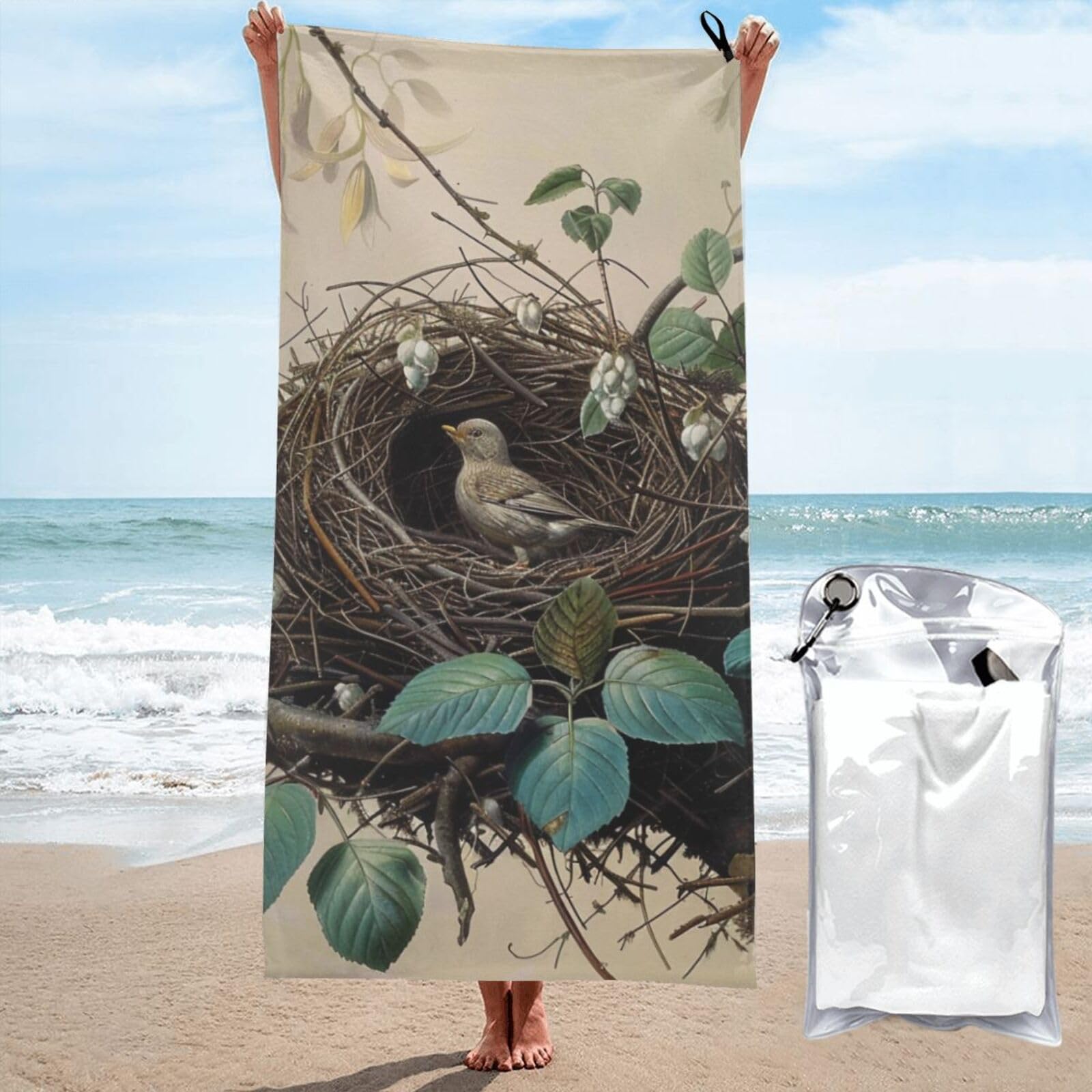 kkvhhyuo Microfiber Beach Towel, Birds Nest Printed Lightweight Quick Dry Travel Bath Sheet with Compact Carry Bag for Swimming Yoga Camping Gym,31.5"x63"