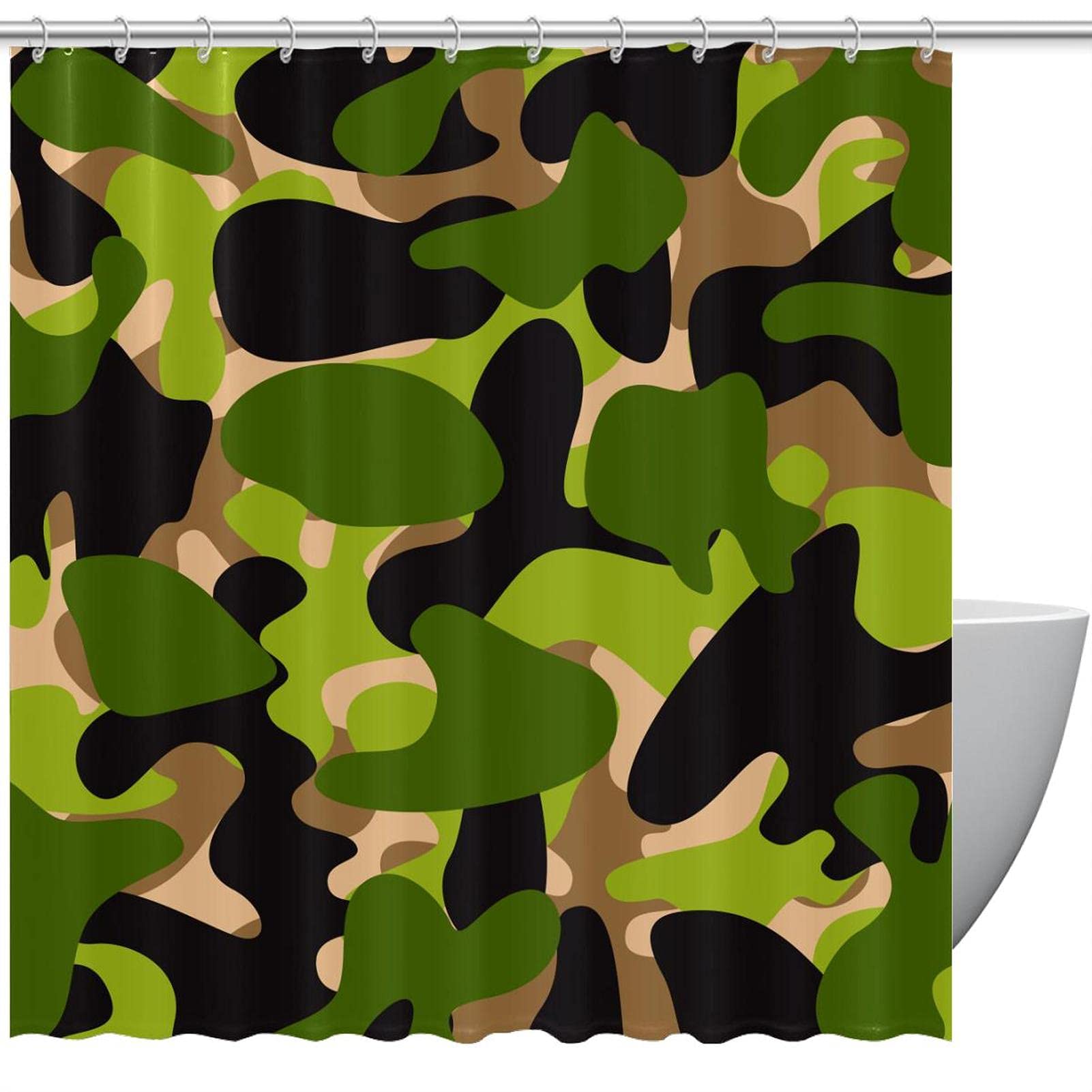 Rideau de douche camouflage vert avec crochets inclus pour salle de bain