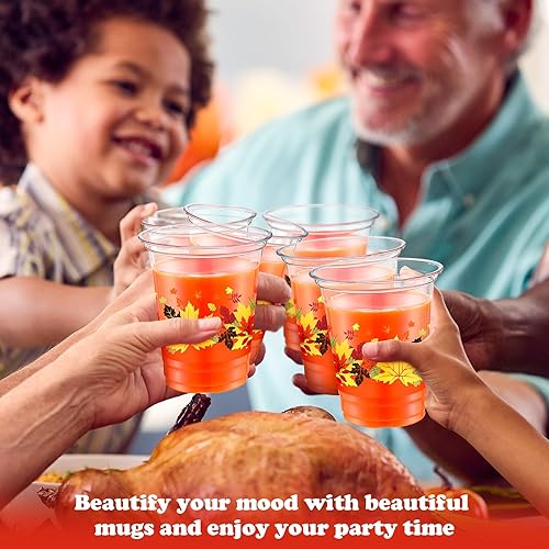 Miniatura 5 de Rtteri 100 vasos de plástico para fiesta de otoño de 12 onzas, vasos desechables de otoño, elegantes tazas de hoja de arce para cena, bebidas,