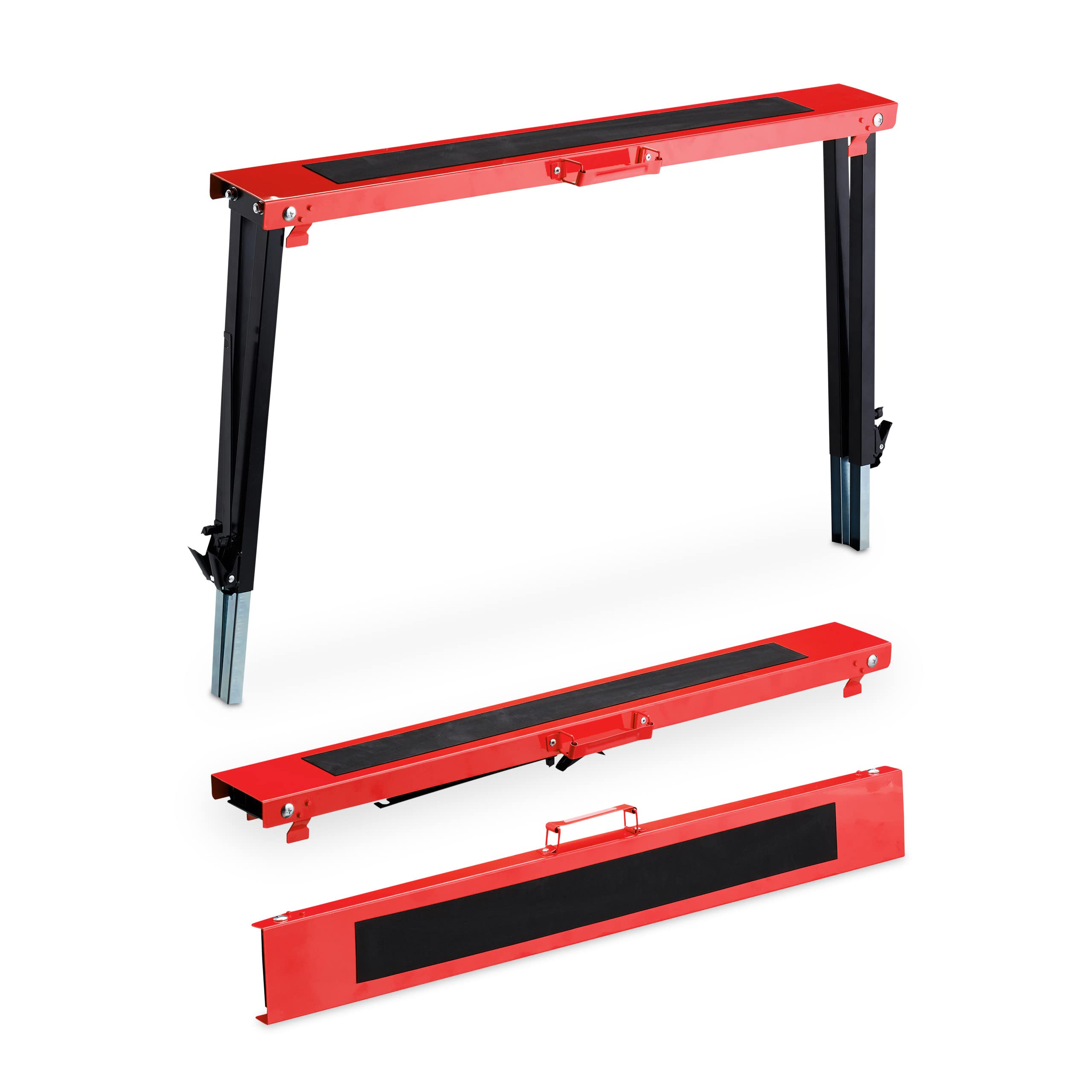 Relaxdays Arbeitsbock, 2er Set, 12-Fach höhenverstellbar, belastbar bis 150 kg, faltbar, Tragegriffe, Klappbock, rot