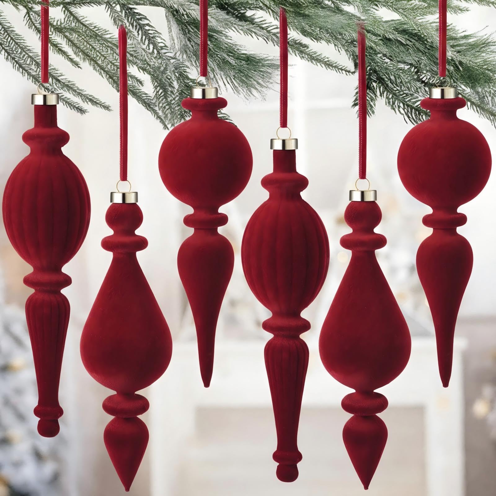 Jetec 6 Pcs Burgundy Velvet Christmas Finial Ornament Flocked
