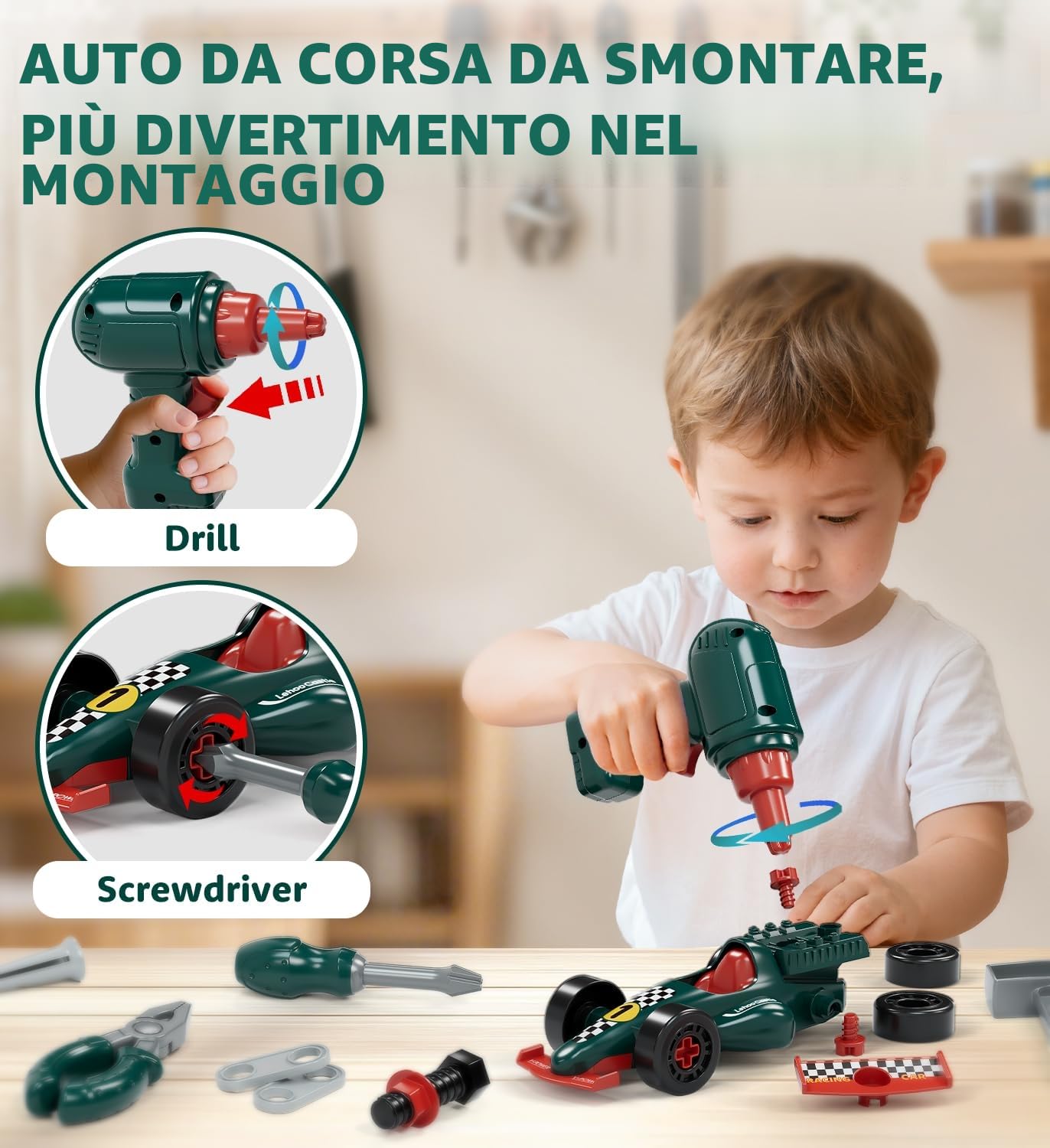 Lehoo Castle Cassetta Attrezzi Bambini con Trapano Giocattolo ＆ Auto da Corsa Giocattolo per Bambini, Regalo di Ruolo Montessori da 3 4 5 6 Anni Ragazzi Ragazze