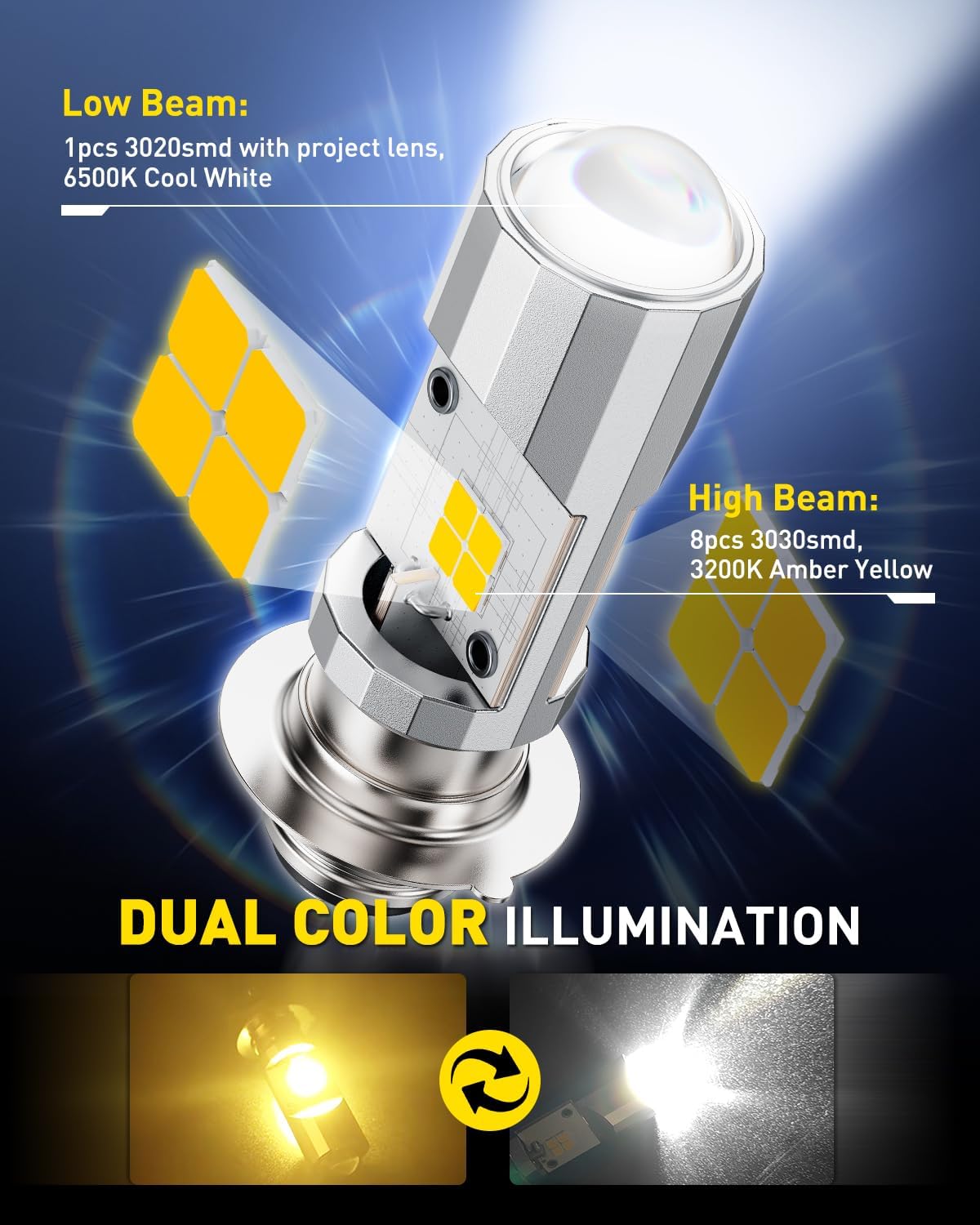 AUXITO P15D H6M T19 LED Motorcycle Light Bulbs Daul Color Yellow/White 3000LM Super Bright High/Low Beam for ATVS UTVS Motorcycles, Canbus Ready, 1 Pack