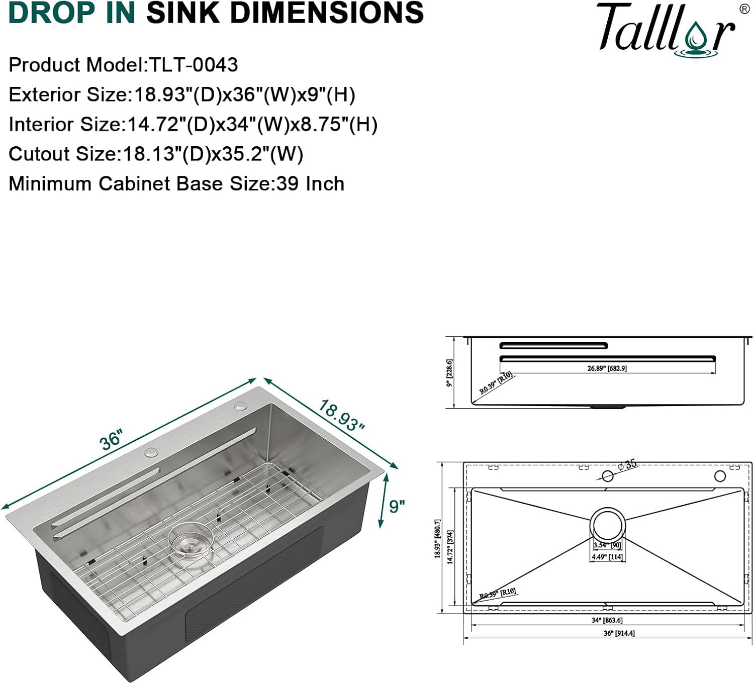 36 Inch Drop In Kitchen Sink - Workstation All-In One 16 Gauge 304 Stainless Steel Single Bowl Sink with Cutting Board, Colander, Wash Basin for decoration or renovation #TLT-0043