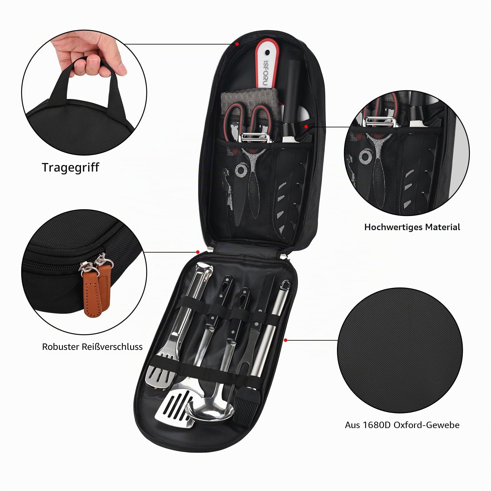Camping Küchenhelfer Set, ISFORU 12PCS Camping Kochgeschirr Küchengerät Set mit Santokumesser Küchenscher Pfannenwender Zange Schöpflöffel Schneidbretter idea für Picknick Reisen Wandern