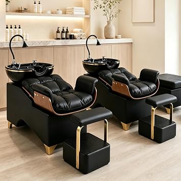 Shampoo Bowl and Chair Set of 2 for Salon, Hair Washing Station Barber Backwash Unit with Ceramic Sink, Independent Footstool, Neck Rest & Head Pad, for Beauty Salon, Spa & Barbershop