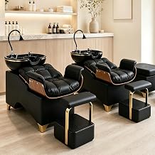 Shampoo Bowl and Chair Set of 2 for Salon, Hair Washing Station Barber Backwash Unit with Ceramic Sink, Independent Footstool, Neck Rest & Head Pad, for Beauty Salon, Spa & Barbershop