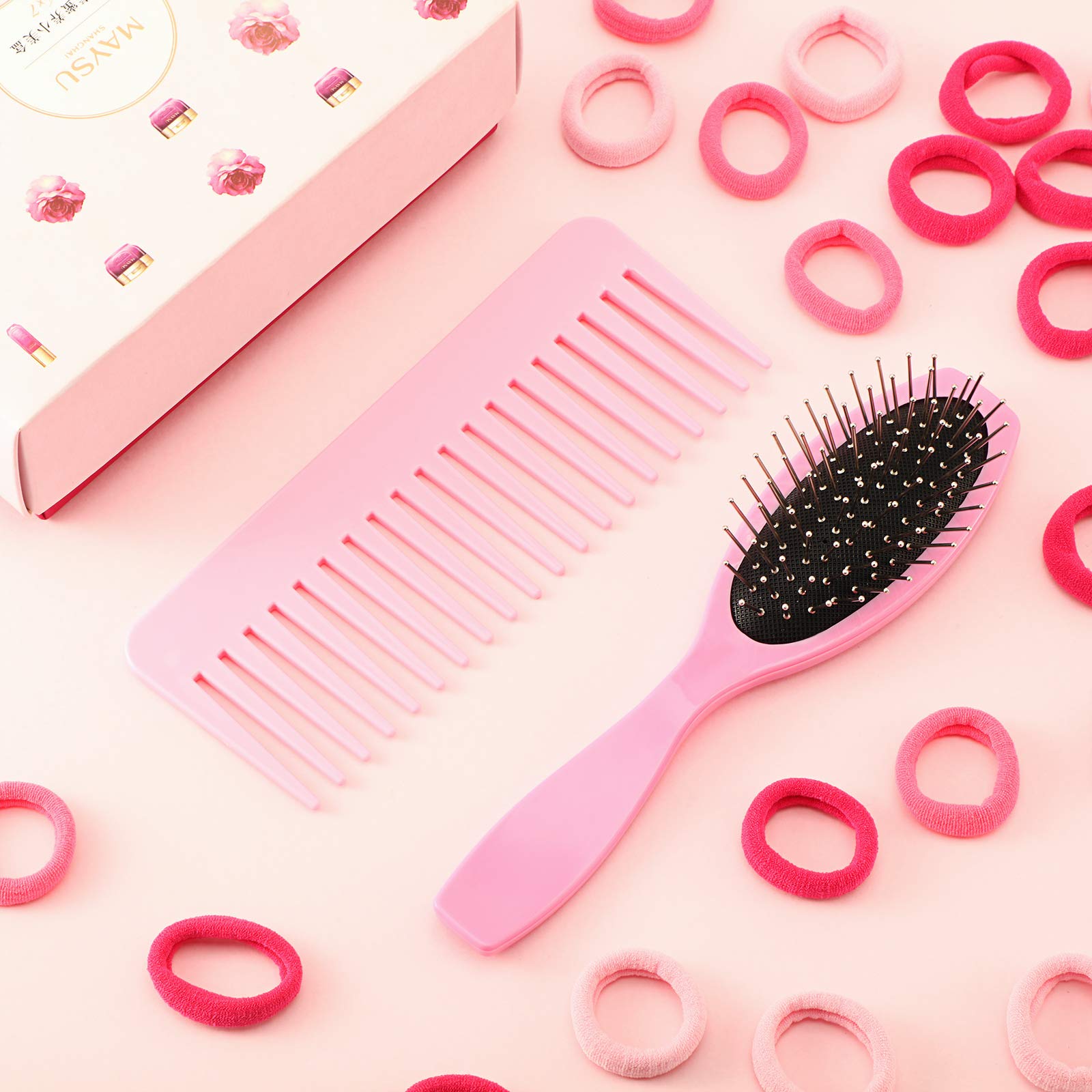 Juego de cuidado del cabello de muñeca, cepillo de alambre para peluca, peine de dientes anchos, 50 lazos de nailon, accesorios de peinado (rosa claro) 7