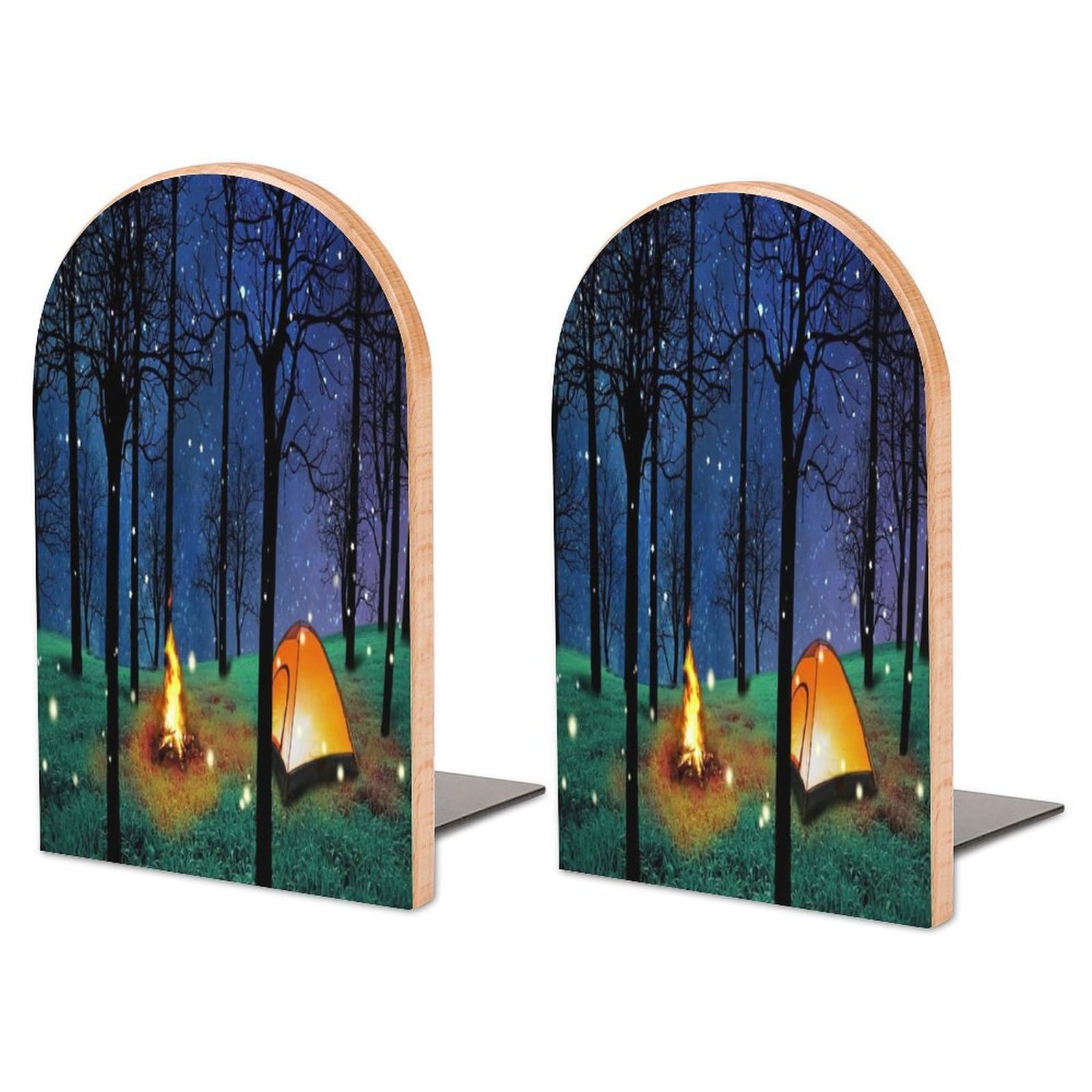 Sujetalibros de madera para estantes con diseño de bosque y base de metal antideslizante