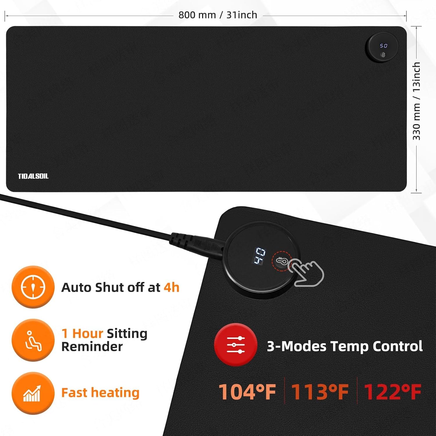 TIDALSOIL Heated Desk Pad, 31.5"×13" PU Leather Mouse Mat with Digital Temp Display, 3-Level 122℉ Warmth, 4H Auto Shut-Off, Waterproof Non-Slip Office & Home Heating Mat