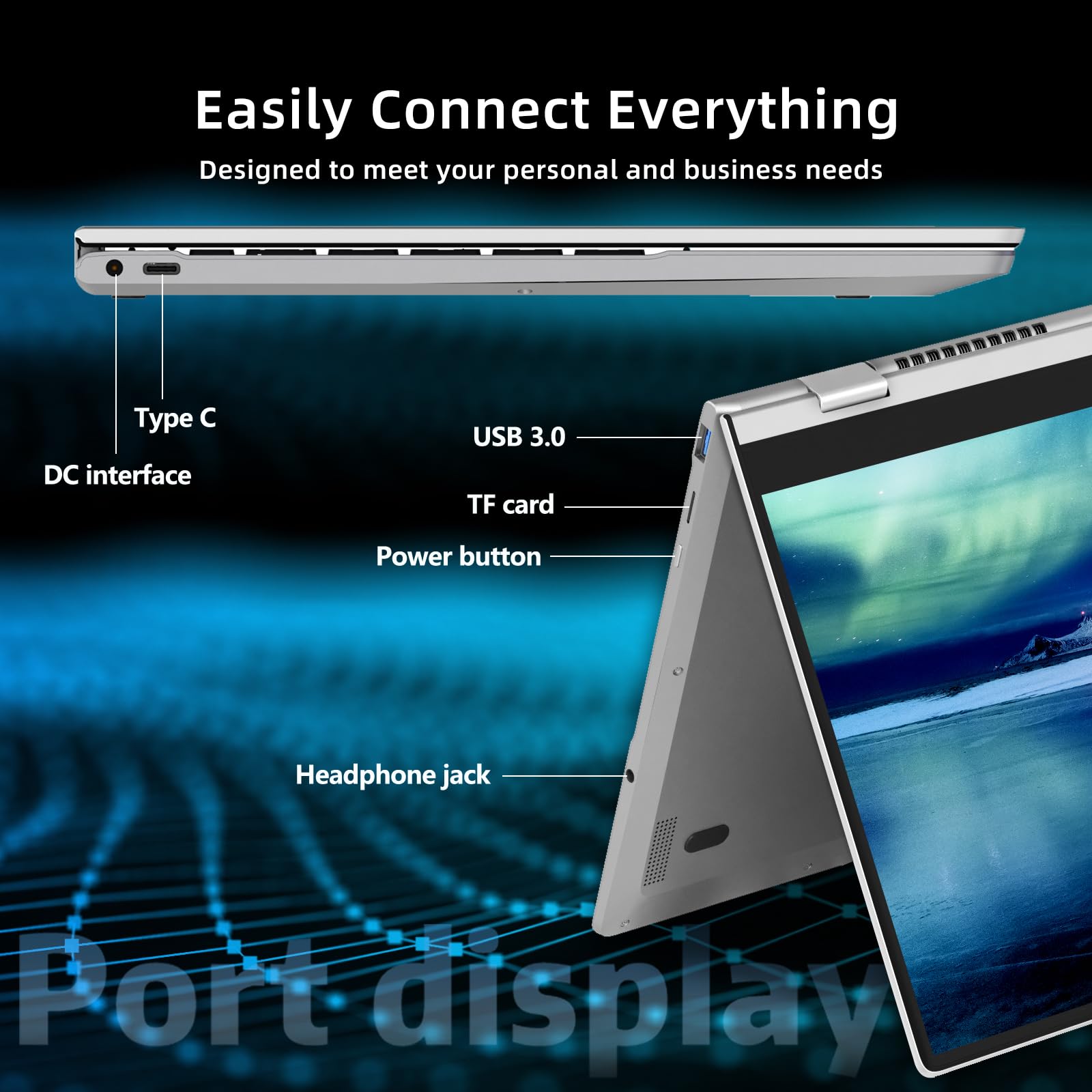Ordenador Portátil 2 en 1 Windows 11 Core i3-1315U 16GB RAM 512GB SSD Pantalla Táctil 360° Teclado Retroiluminado