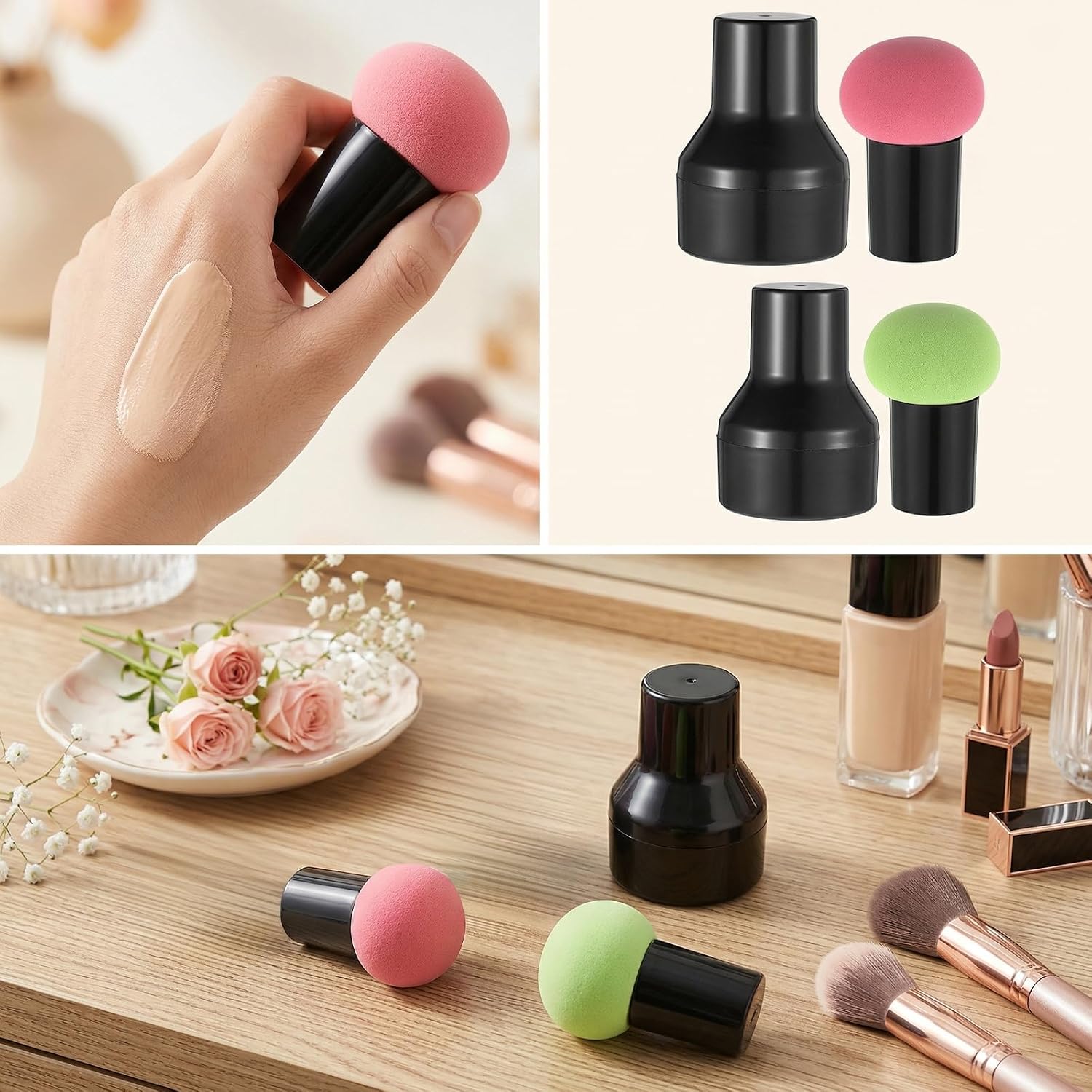 2 Pcs Makeup Sponges with Handles Cases Foundation Sponge Puff Mushroom Makeup Sponge Facial Face Cosmetic Blending Applicator for Women Concealer BB Cream Powders Foundation Beauty Tools