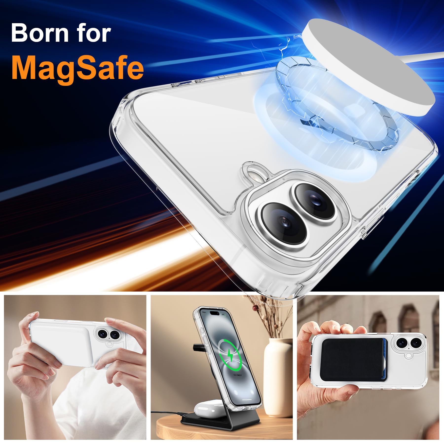 ORETECH Magnetica Cover per iPhone 16 6,1 Pollici con 2 Vetro Temperato e 1 Vetro Fotocamera, Compatibile con MagSafe, Anti-Graffio Antiurto Ultra Sottile Hard PC Cover-Trasparente