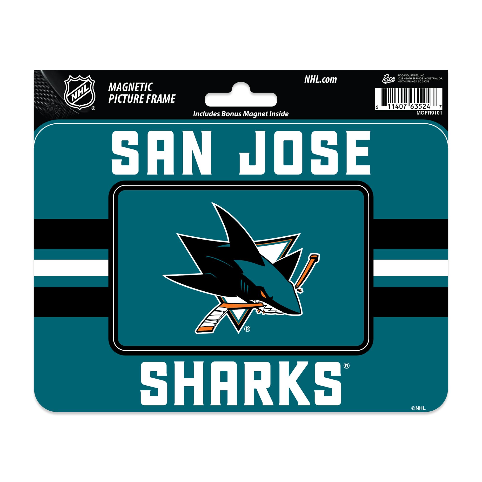 Rico Industries NHL Hockey San Jose Sharks Stripes Magnetic Picture Frame (5"x6.75") & Magnet Combo Set - Home Décor - Regrigerator, Office, Kitchen