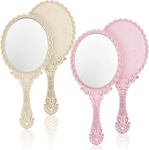2 piezas de espejo de mano vintage portátil en relieve, espejo decorativo de mano, espejo compacto con asa para maquillaje facial, viajes,