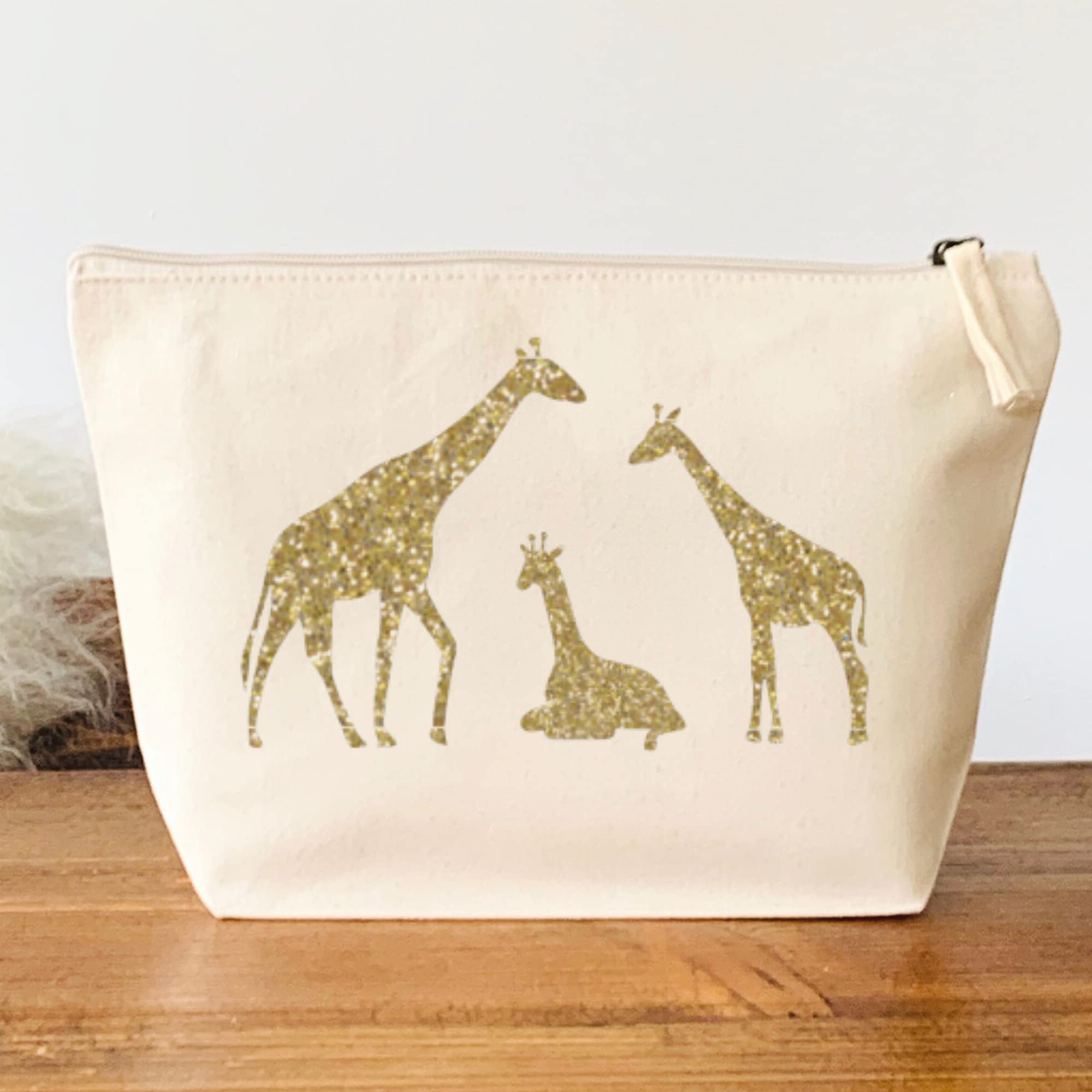 Giraffe Makeup Bag, Natural Cotton Canvas Pouch with Gold Glitter Giraffe Family Design, Gift for Animal Lovers - Image 2
