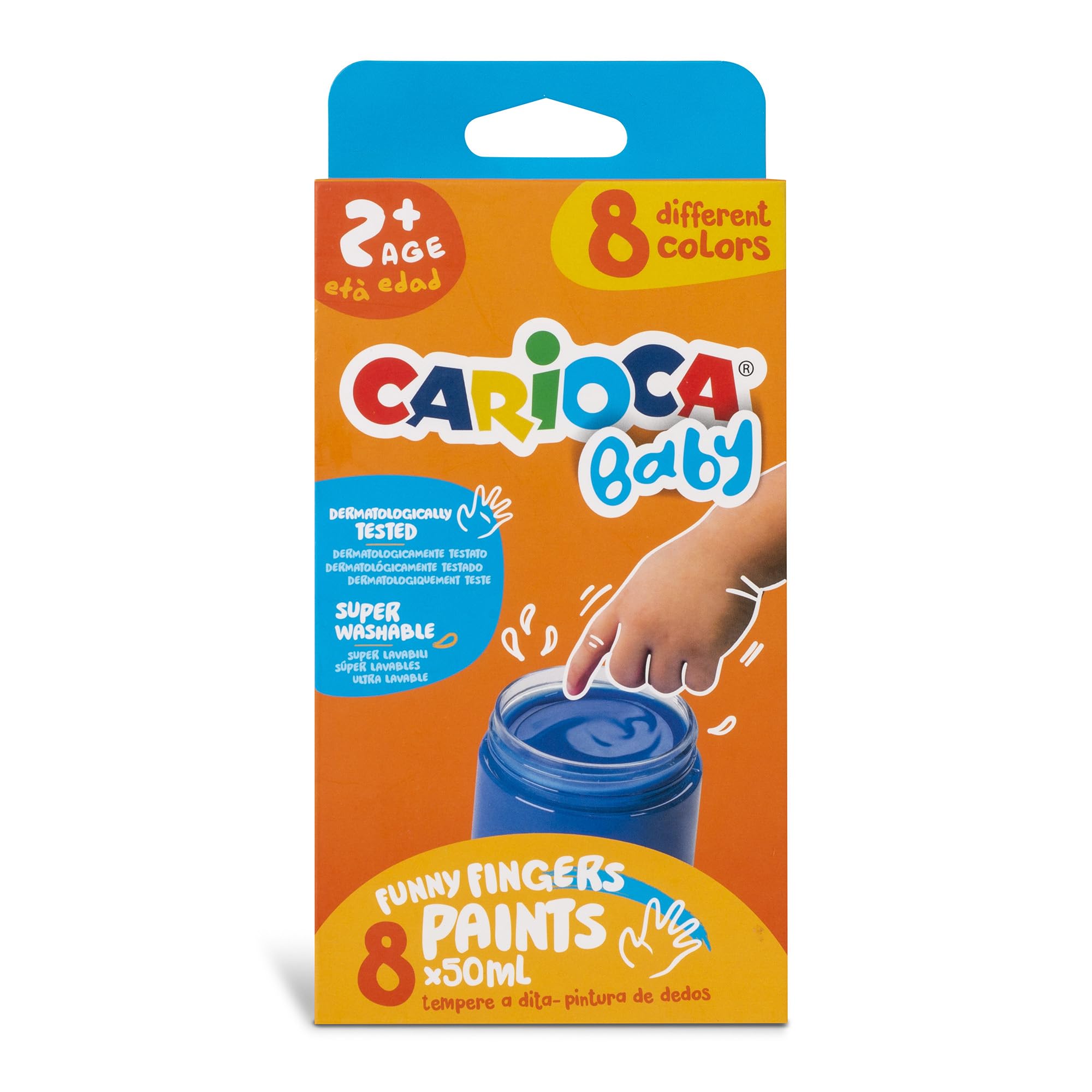Carioca Baby Finger Tempera, Washable Tempera Set, Children Over 2 Years, Luminous Colours, Non-Toxic and Odorless, Dermatologically Tested with 8 Assorted Colours 50 ml