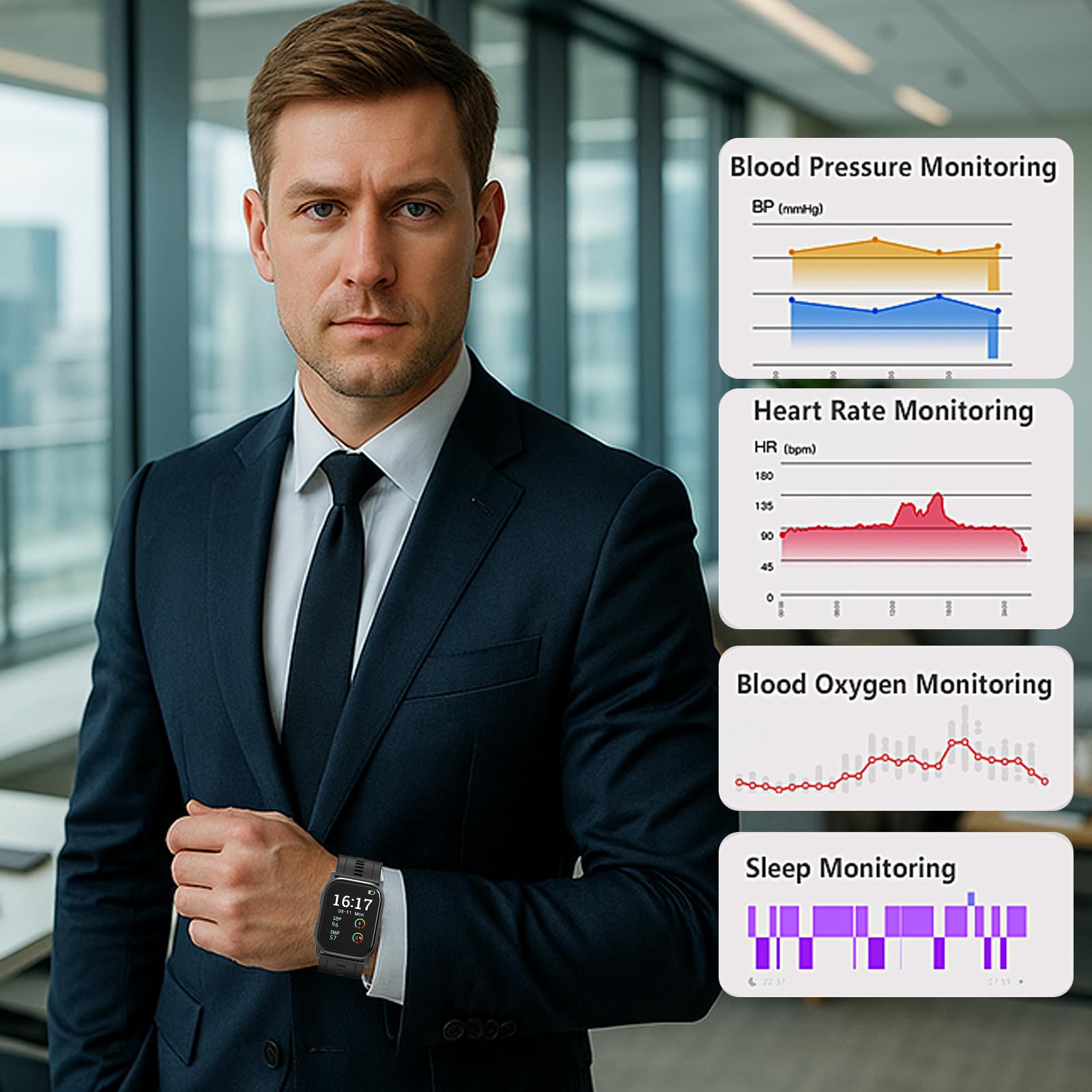 Reloj con monitor de presión arterial con autorización FDA 510 (k), reloj de pulsera de presión arterial médica con frecuencia cardíaca, oxígeno en sangre, monitoreo de sueño y actividad, micro