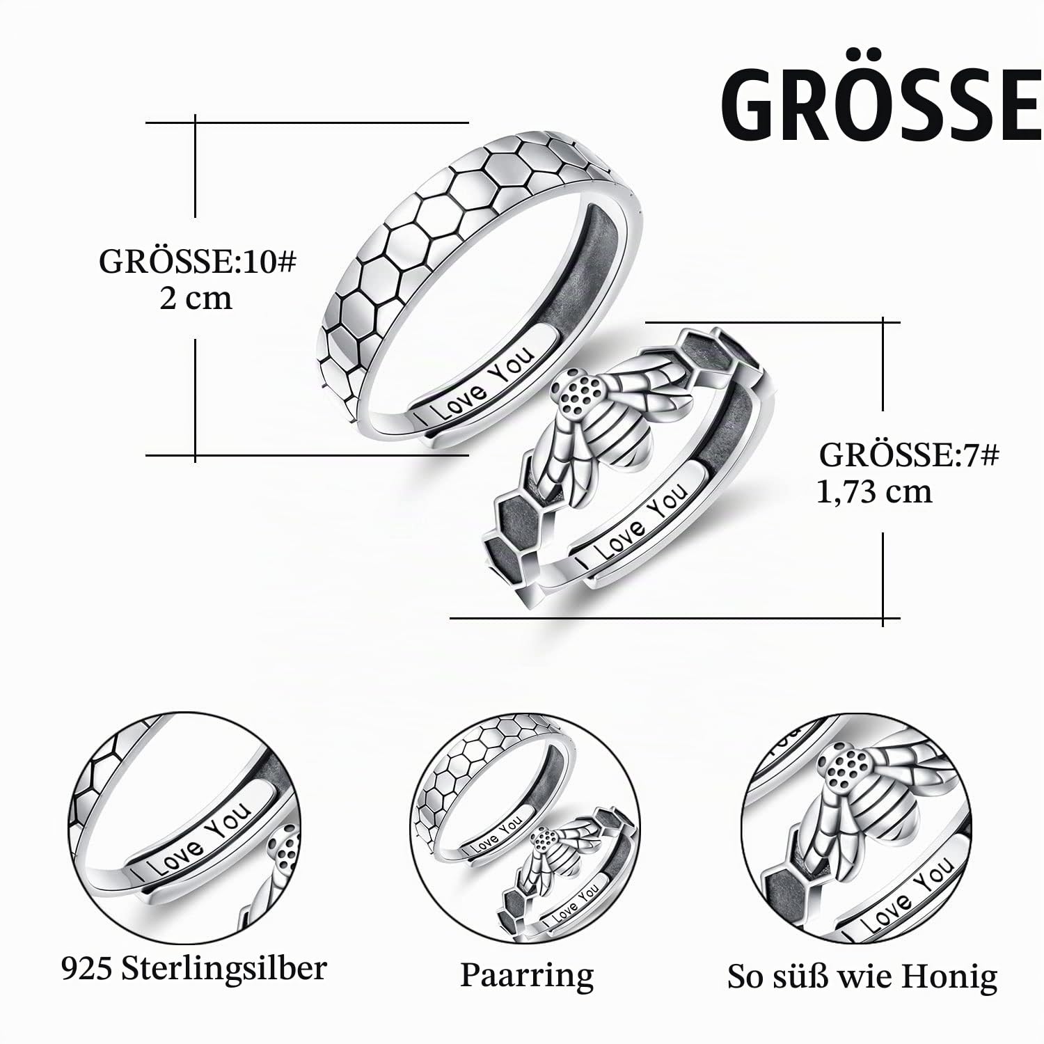 Biene Wabe Paar Ringe Set, 925 Sterling Silber Niedliche Tiere Matching Ring für Paare Eingraviert I Love You, Einstellbare Verlobung Hochzeit Versprechen Ring für Sie und Ihn
