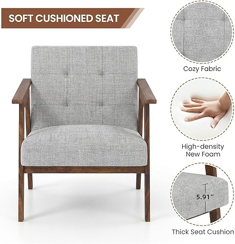 Miniatura 6 de TARSHYRY Silla decorativa de mediados de moda, sillón tapizado de lino con marco de madera de goma y cojín suave, cómoda silla de descanso para sala