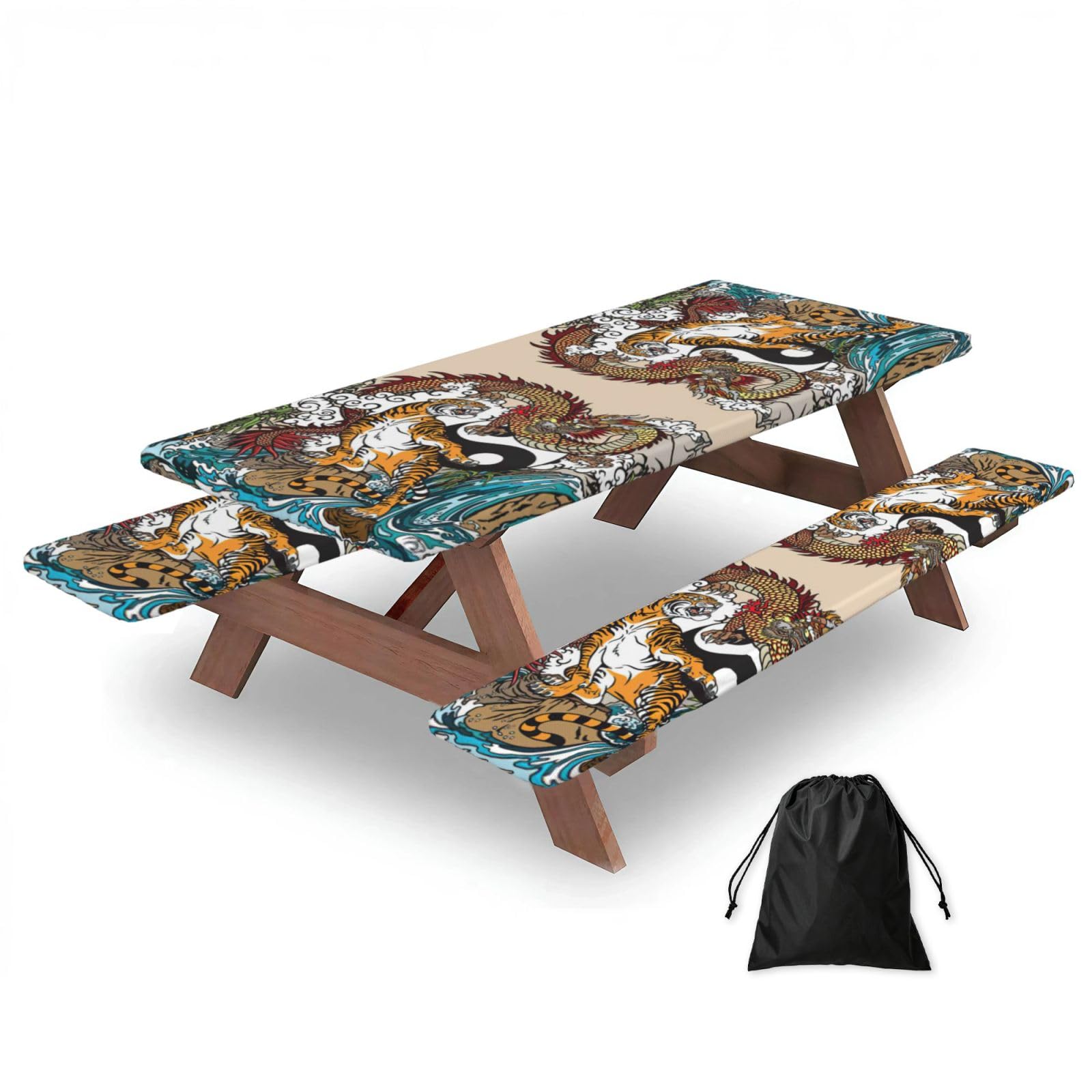 Zyjhyy Black Dragon And Tiger Print 3 Pack Wipeable Picnic Bench Cover And Table Cover Lightweight Table Cloth For Camping Outdoor