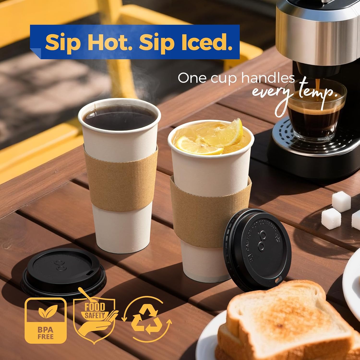 Fit Meal Prep 50 Pack 20 oz Disposable Coffee Cups with Lids, Sleeves, Leak-Proof To Go Coffee Cups with Lids, Durable Paper Cups for Hot Beverage, Home, Office, Party - Image 5