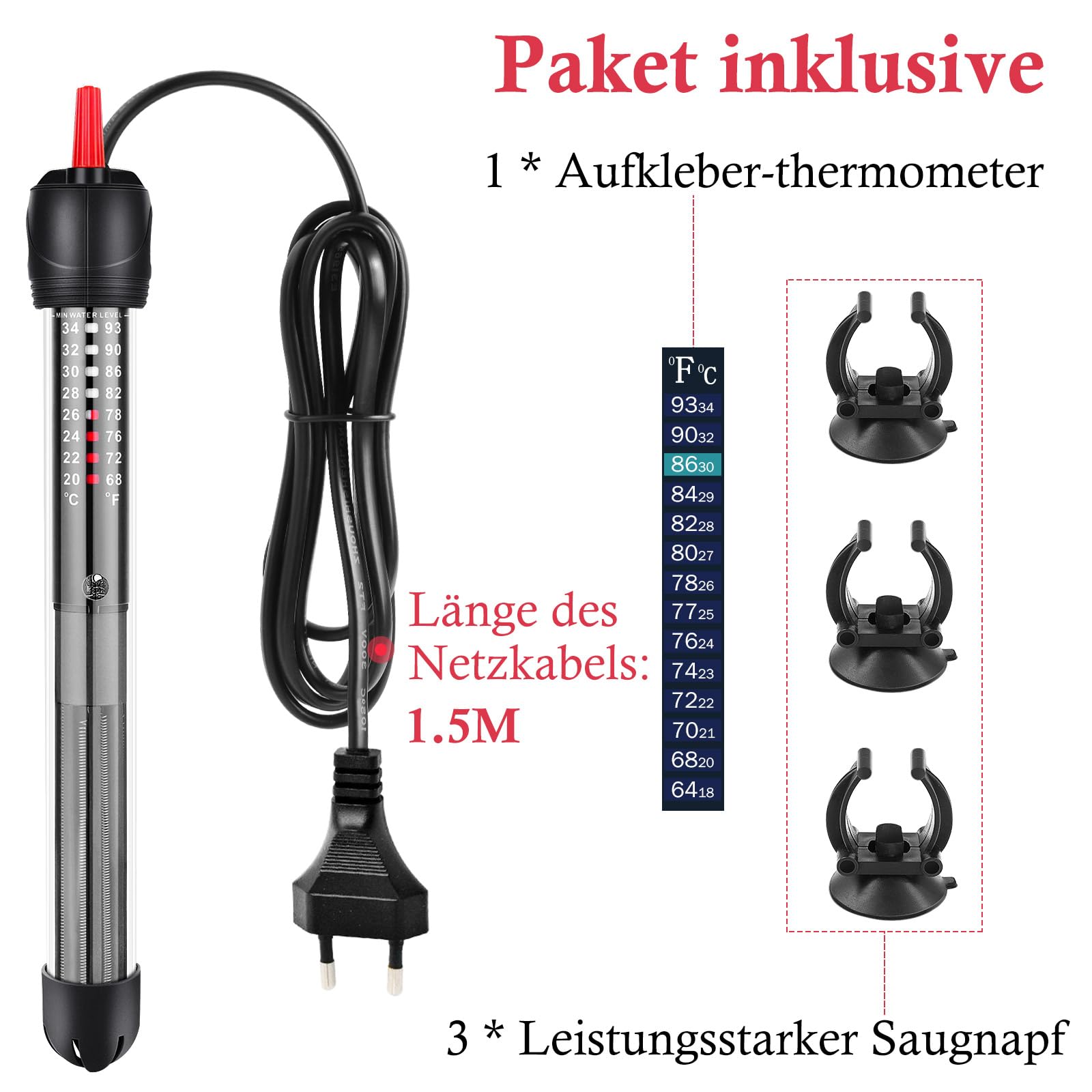 FEDOUR 100W 40-120L Aquarium Heizung, Verdicktes Quarzglas Aquarienheizer, Temperatur Einstellbare Aquarium Heizer Mit Saugnäpfen/Thermostat