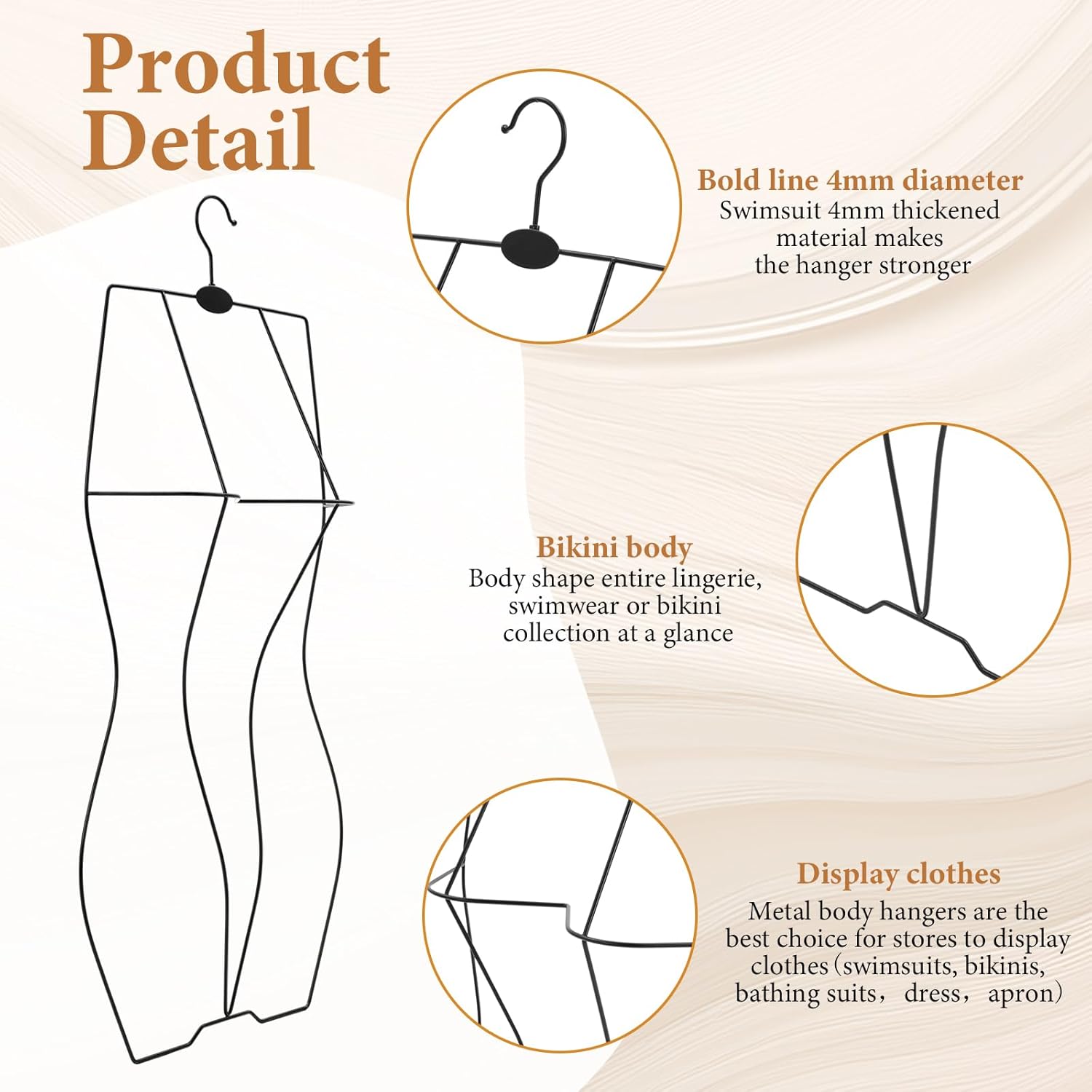 10 Pack Lingerie Hangers Body Shape Hangers for Display Swimsuit Display Metal Wire Swimwear Rack for Bikini Lingerie Dress Black, 4mm Thickened