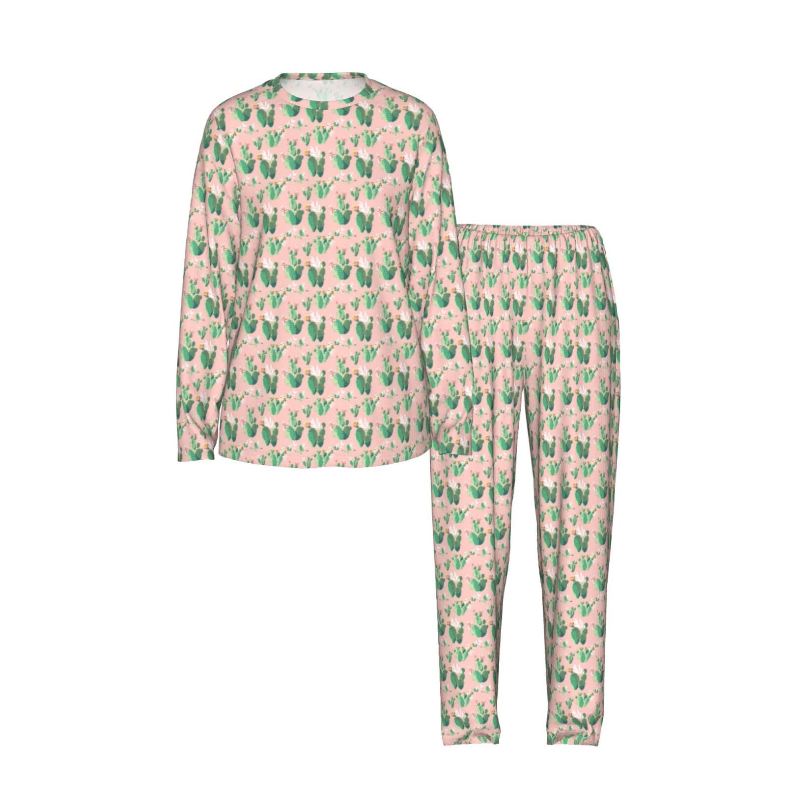 Pigiama da donna a maniche lunghe con stampa di cactus tropicali, morbido, da spiaggia, vacanze, biancheria da notte, regalo casual