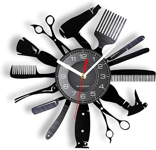 OTKU Reloj de pared de 12 pulgadas, herramientas de modelado, estilista, disco de vinilo, reloj de pared, peluquería, peluquería, decoración, reloj,