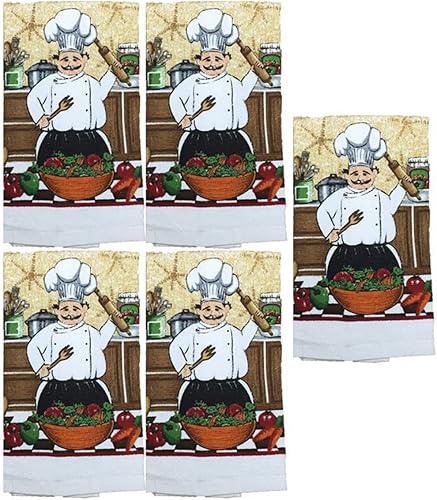 Petal Cliff Juego de 5, toallas de cocina de rizo 100% algodón con estampado de ensalada de chef, tamaño 15 pulgadas x 25 pulgadas.