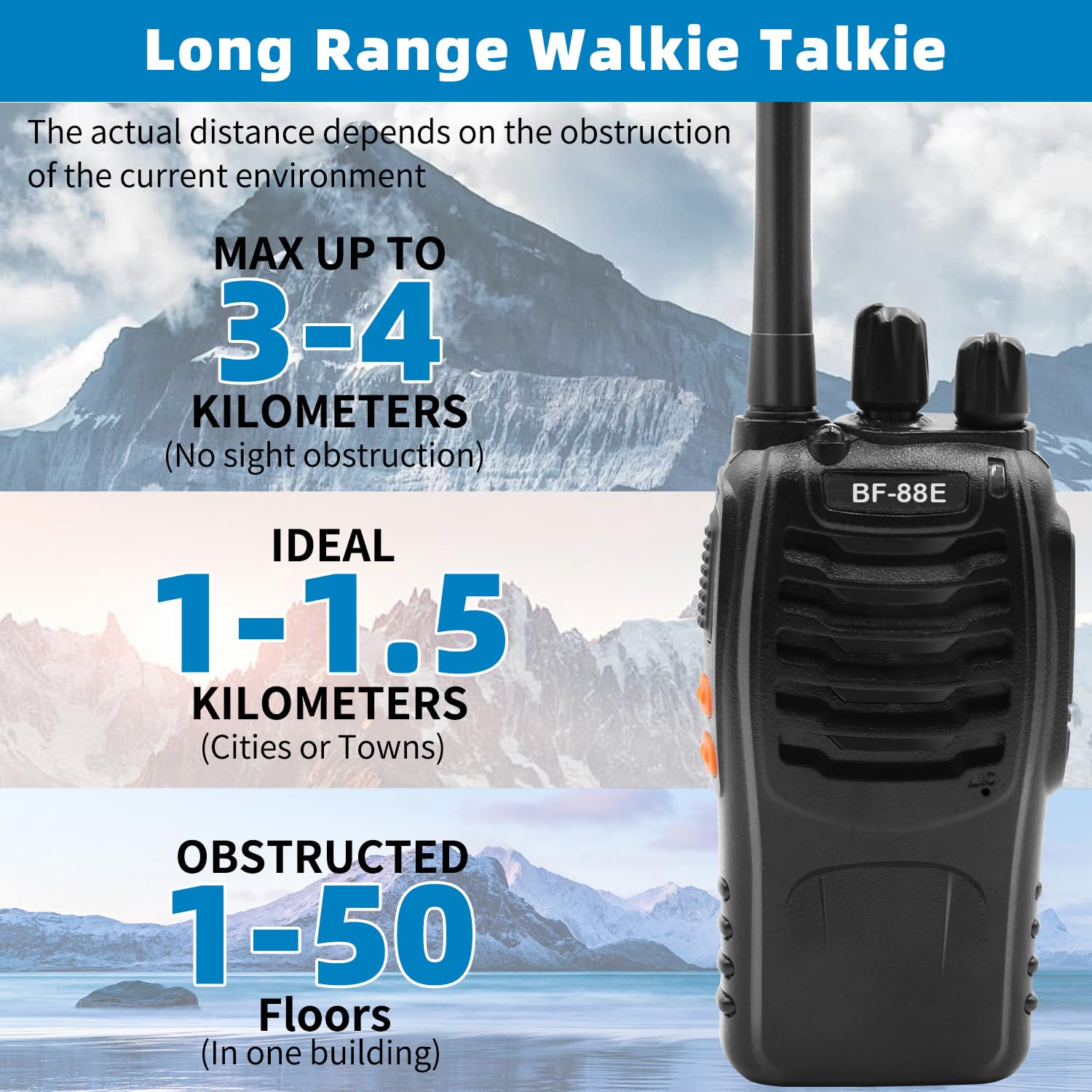 JUAUO BF-88E Talkie Walkie Longue Portée, 16 Canaux PMR446 Portable Rechargeable Professionnelle Talkies-Walkies Radio, avec des écouteurs Originaux et Station de Charge USB (Noir, 2 Paire)