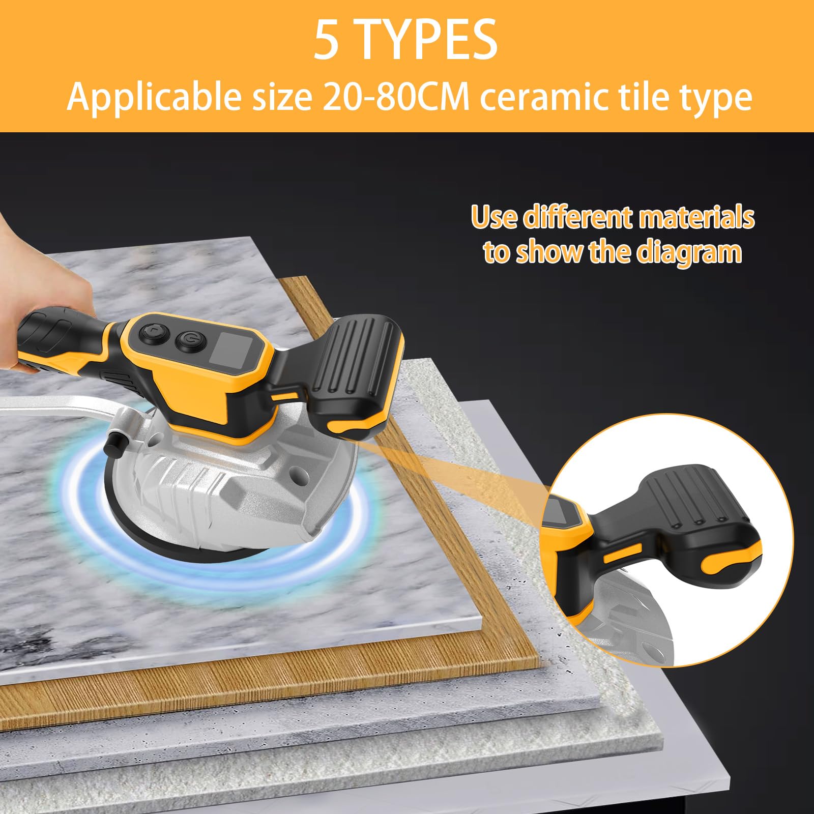 Vibrador de azulejos para Dewalt batería de 20 V, dispositivo vibrador con ventosa de 5", 8 velocidades, capacidad de 60 kg, vibrador para azulejos y azulejos de pared de 32 x 32 pulgadas y debajo