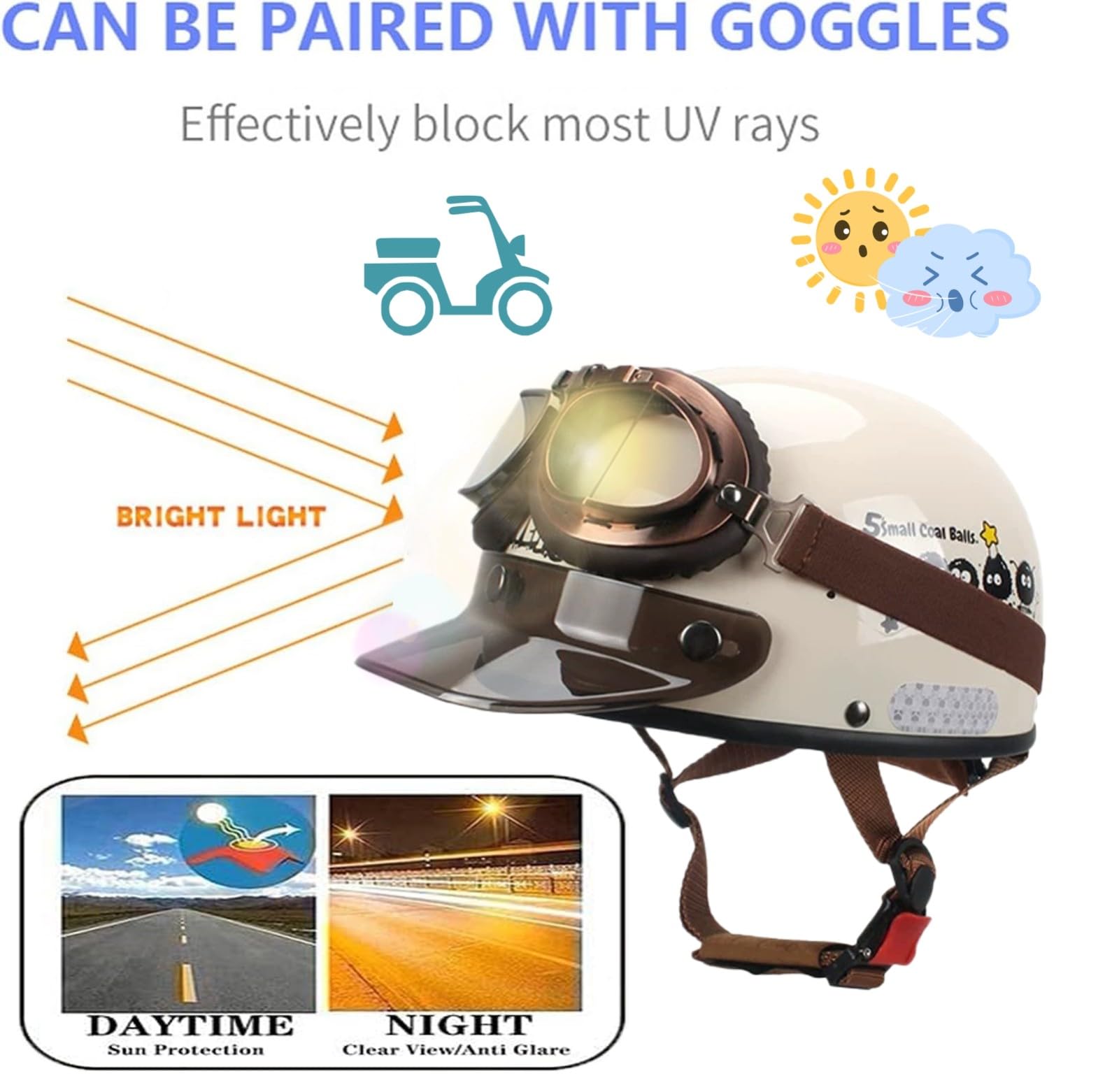 Casco De Moto Tipo Jet con Gafas, Homologado por Dot/ECE, Casco Retro Tipo Jet para Moto Cruiser, Scooter Y Ciclomotor, Casco De Verano para Adultos (Hombres Y Mujeres).