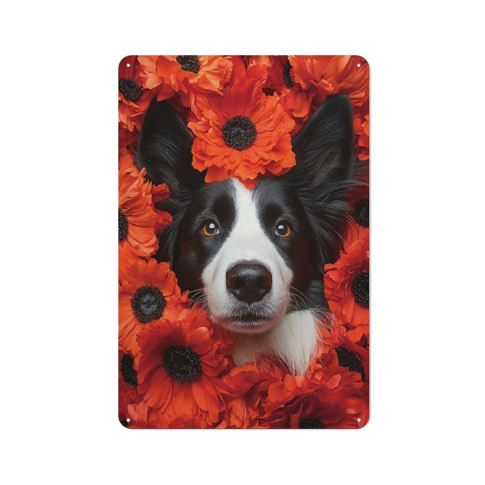 Junmoney Style-5 30X20cm Retro Tin Sign With Border Collie Dog Surrounded By Poppies For Living Room Wall, Housewarming Present For People Styling Living Room