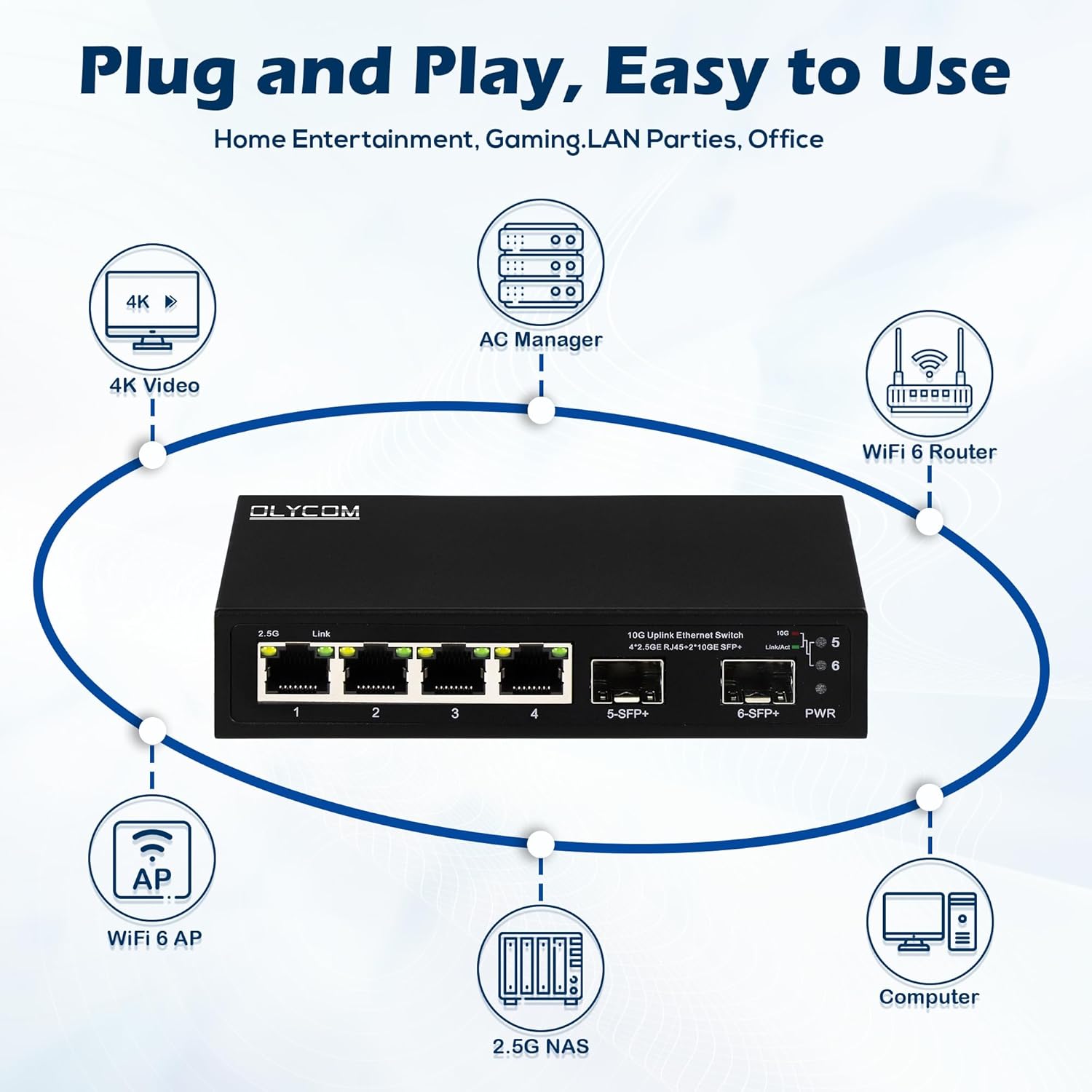 6 Port 2.5G Unmanaged Network Switch, 4x2.5GBase-T Ports, 2x10G SFP+ Fiber, 60Gbps Bandwidth, Desktop/Wall Mount, Compatible with 100/1000/2500Mbps, Black Plastic Case
