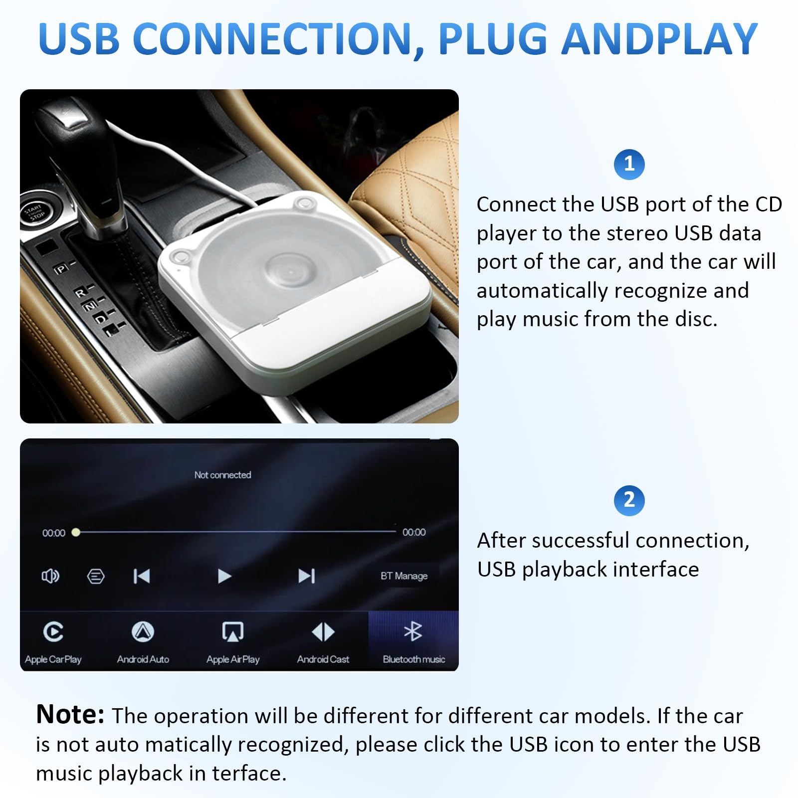 Auto CD Player Laufwerk mit USB-Anschluss - Extern Universal CD Player für Auto PKW LKW, Extra USB-Verlängerungskabel, kompatibel mit Android, Externes CD Laufwerk für Laptop, PC, Fernseher