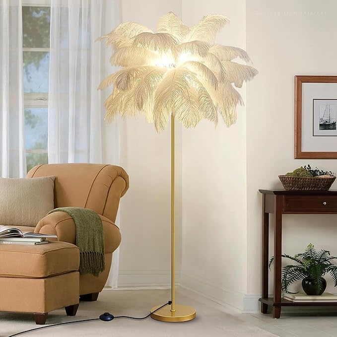 Locuetyn Locuetyn Verenlamp, struisvogelveer, woonkamer, vloerlamp, goud, met blauw, roze, wit, veer, dimbaar, geschikt voor meisjes photo 1