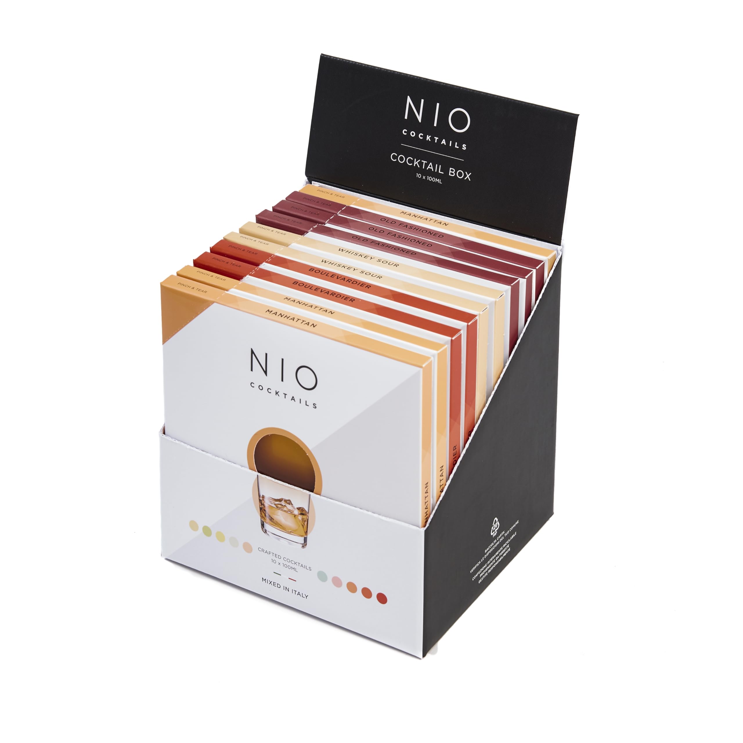NIO CocktailsWhiskey Lovers Box, 10 x 100 ml Pre-Mixed, Ready-to-Serve Drinks (3 Old Fashioned, 3 Manhattan, 2 Boulevardier, 2 Whiskey Sour), Gift Pack, 1000 ml
