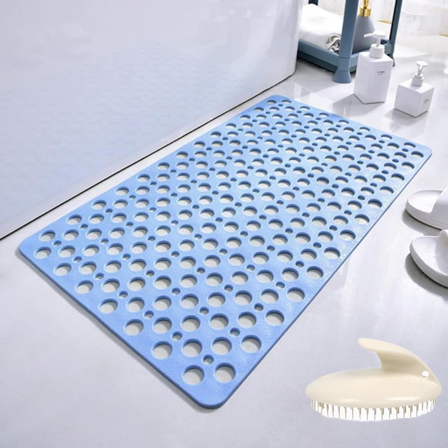 Casa and Beyond Shower Mat–Non-Slip Surface, Secure Shower Mat Non-Slip & Antibacterial, with Suction Cups and Drain Holes, Soft Design, Quick-Drying, Easy to Clean (Blue,27.6" × 14.9")